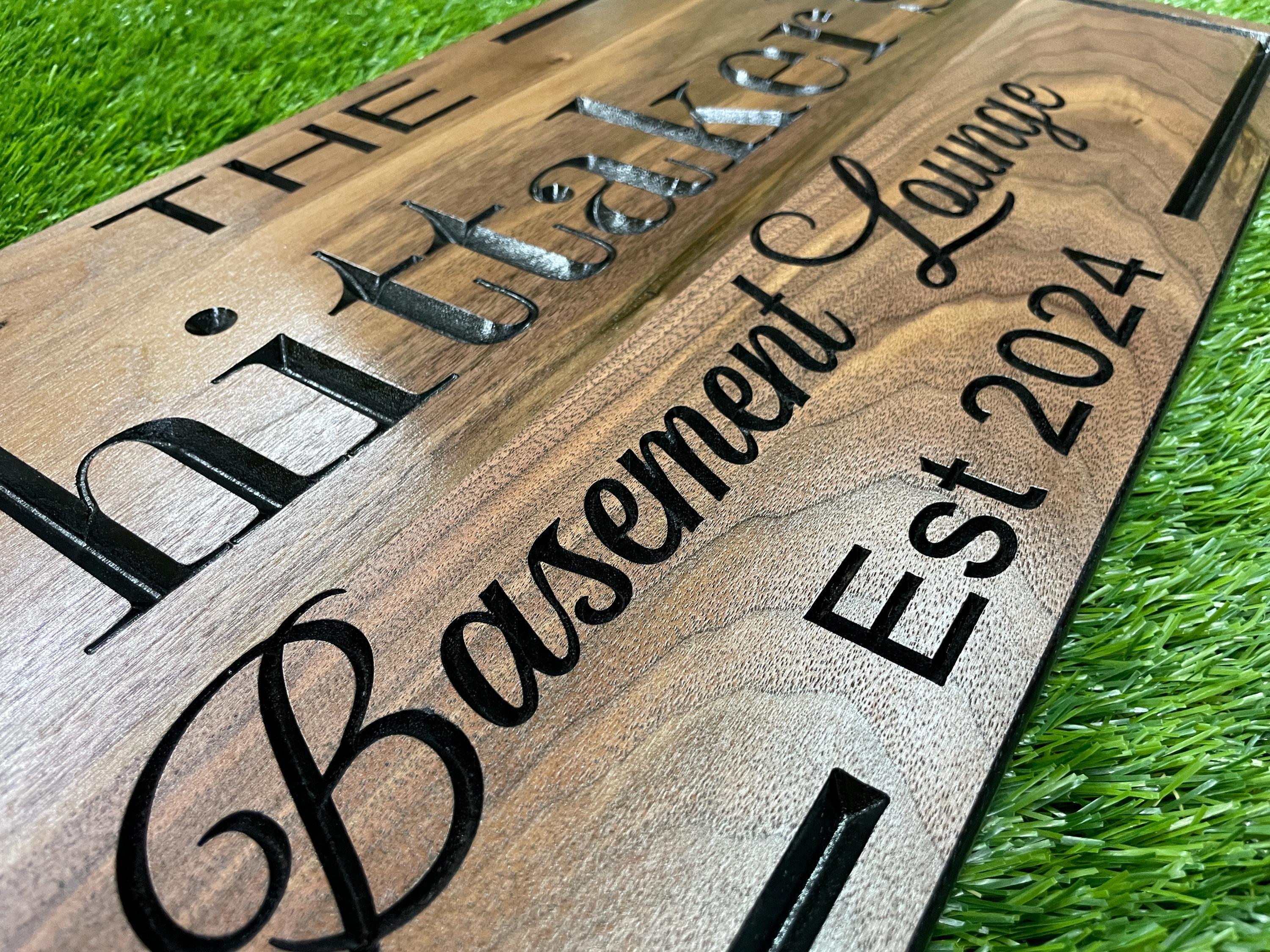 Basement Bar Sign Custom Wood, Family Lounge Sign Personalized, Man Cave Carved Hardwood, Basement Game Room Sign