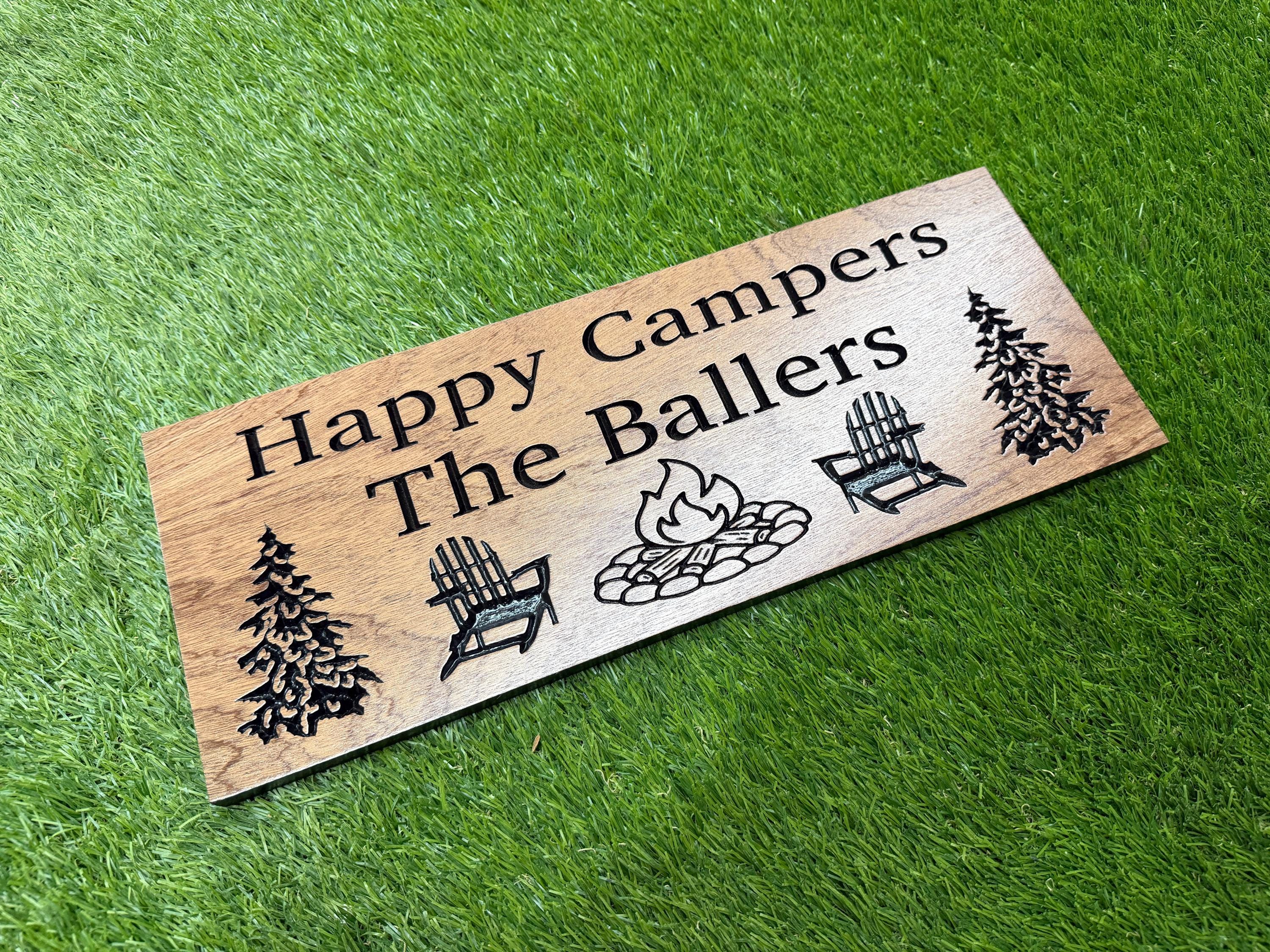 Happy Campers Sign Custom Wood, Personalized Family Name Camp Sign, Adirondack Chair Campfire Pine Tree Carved, Cabin Campsite Decor