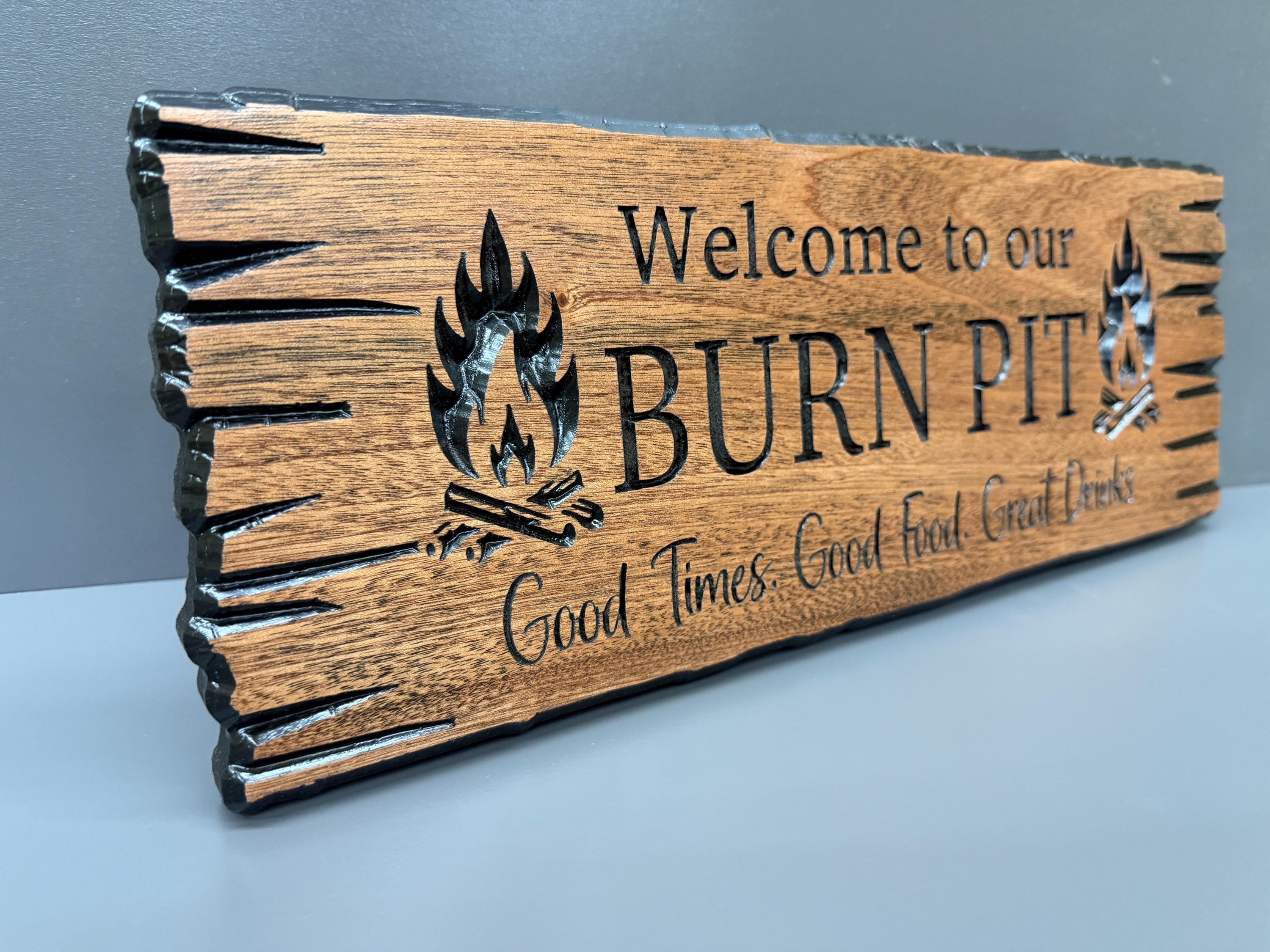 Burn Pit Sign Custom Wood, Welcome to Our Burn Pit, Fire Pit Sign Live Edge Carved Hardwood, Backyard Campfire Sign Personalized