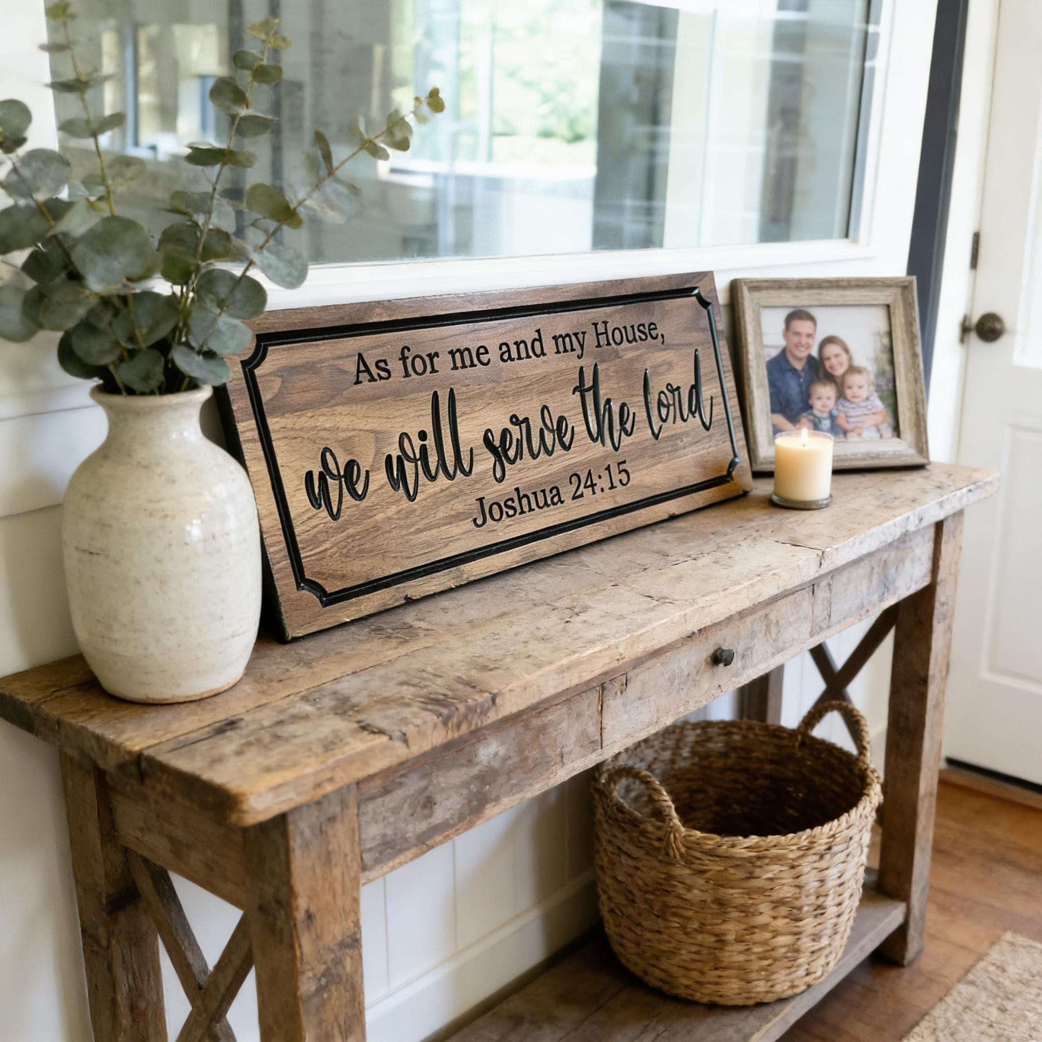 A rustic wooden table with a sign that reads "As for me and my House, we will serve the Lord" and a candle, a basket, and a plant.