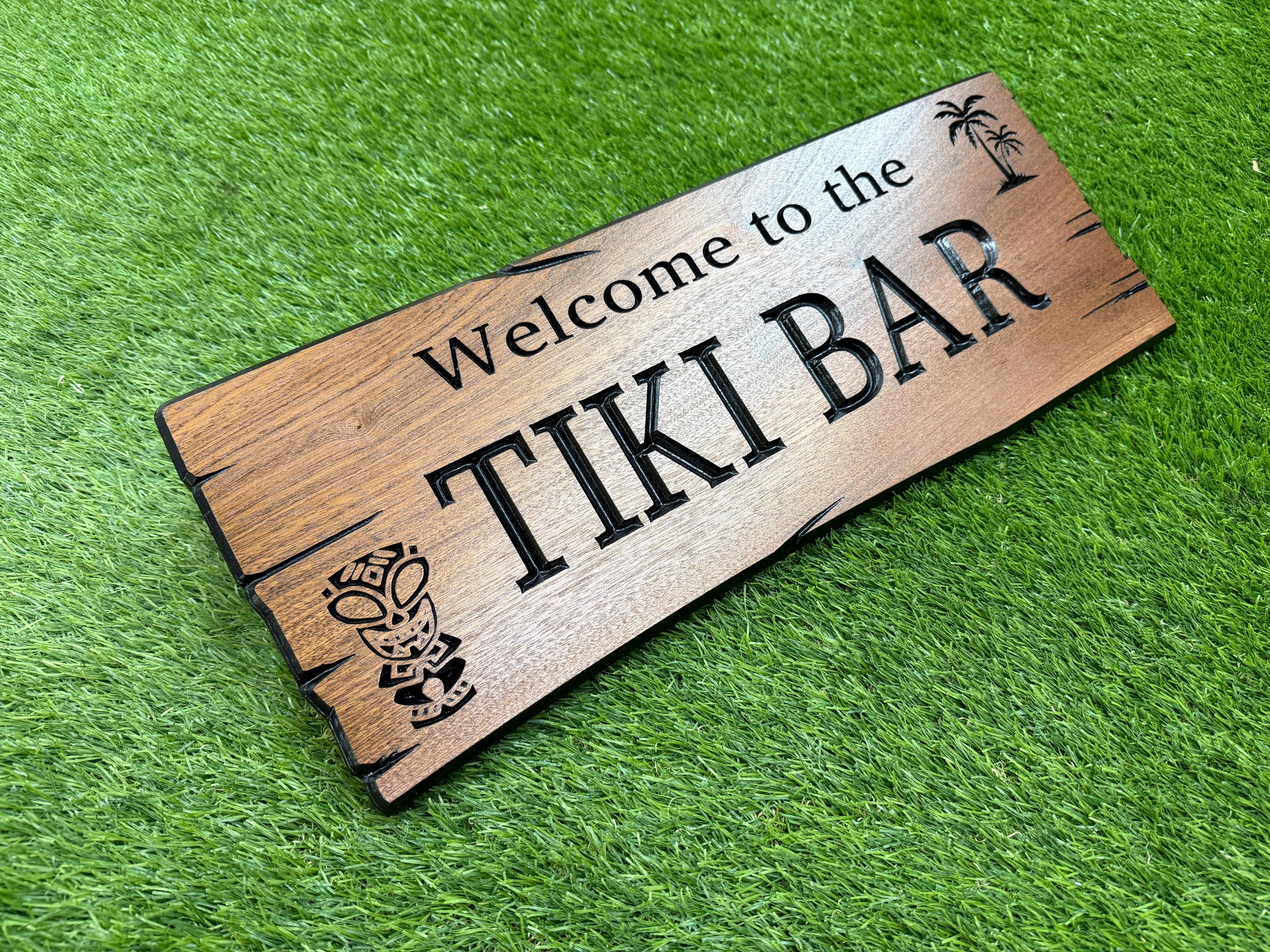 Custom Tiki Bar Decor - Carved Wooden Tribal Wall Art with Palm Trees & Hibiscus, Hawaiian-Inspired Tropical Accent for Home and Patio Art