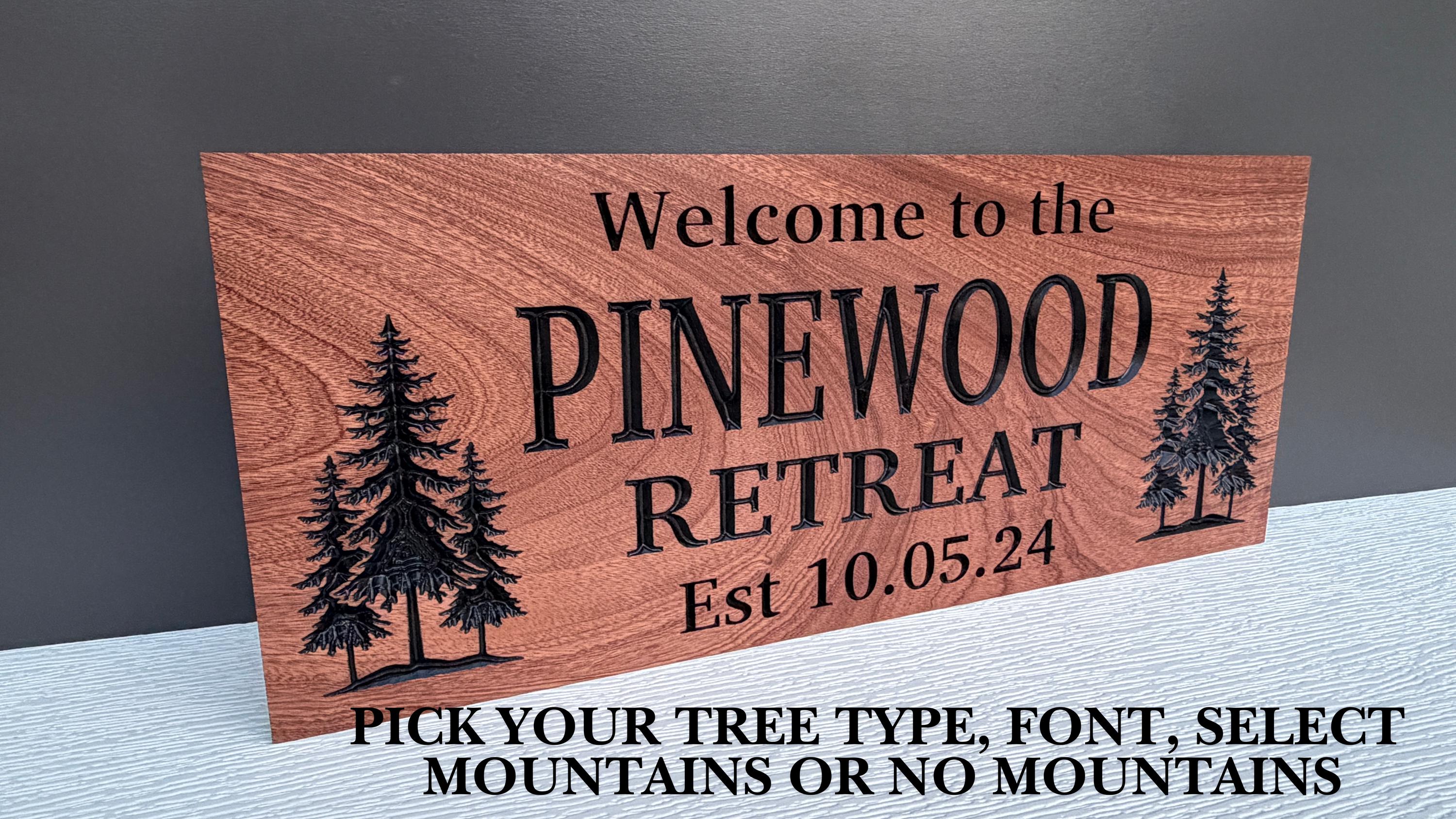 Welcome to the Lake Sign Custom Wood Live Edge, Personalized Family Name Lake Sign Pine Trees, Named Lake Sign Carved Hardwood