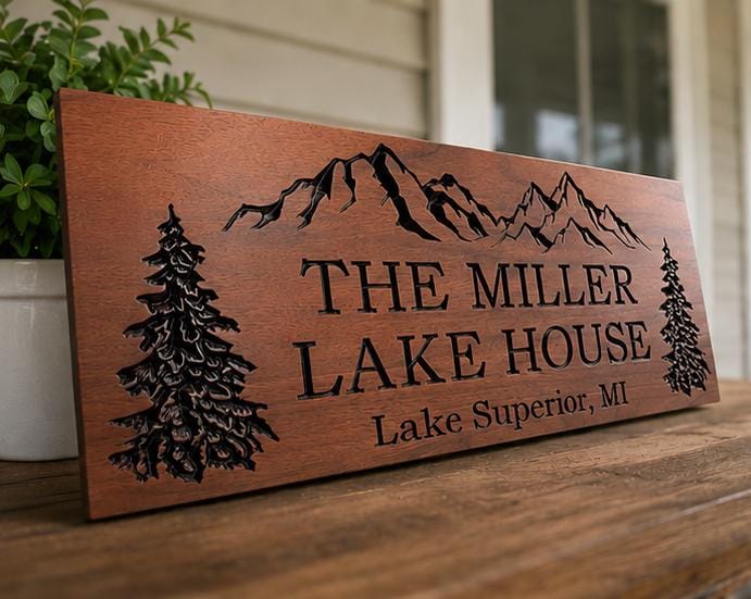 Welcome to the Lake Sign Custom Wood Live Edge, Personalized Family Name Lake Sign Pine Trees, Named Lake Sign Carved Hardwood