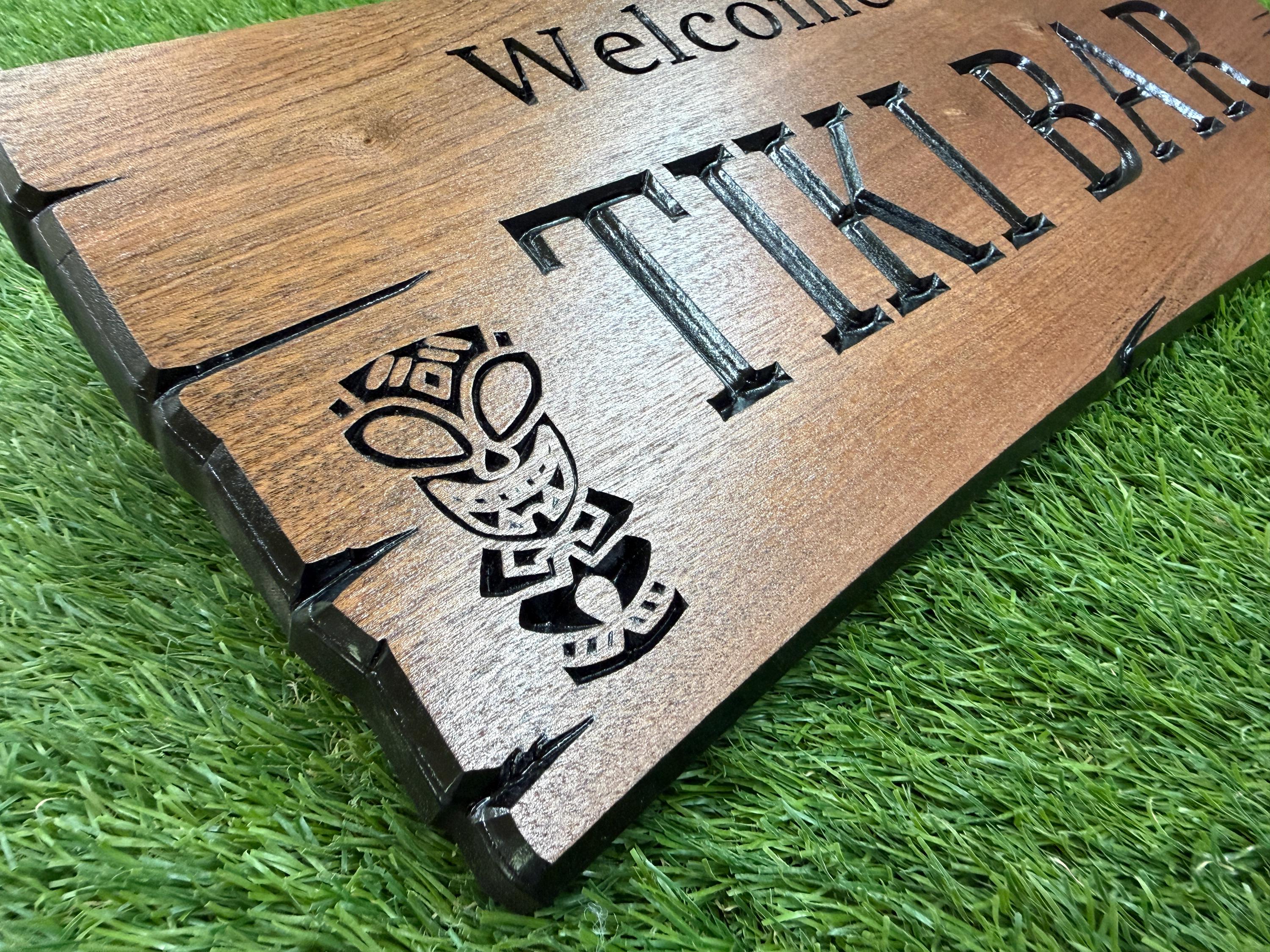 Custom Tiki Bar Decor - Carved Wooden Tribal Wall Art with Palm Trees & Hibiscus, Hawaiian-Inspired Tropical Accent for Home and Patio Art