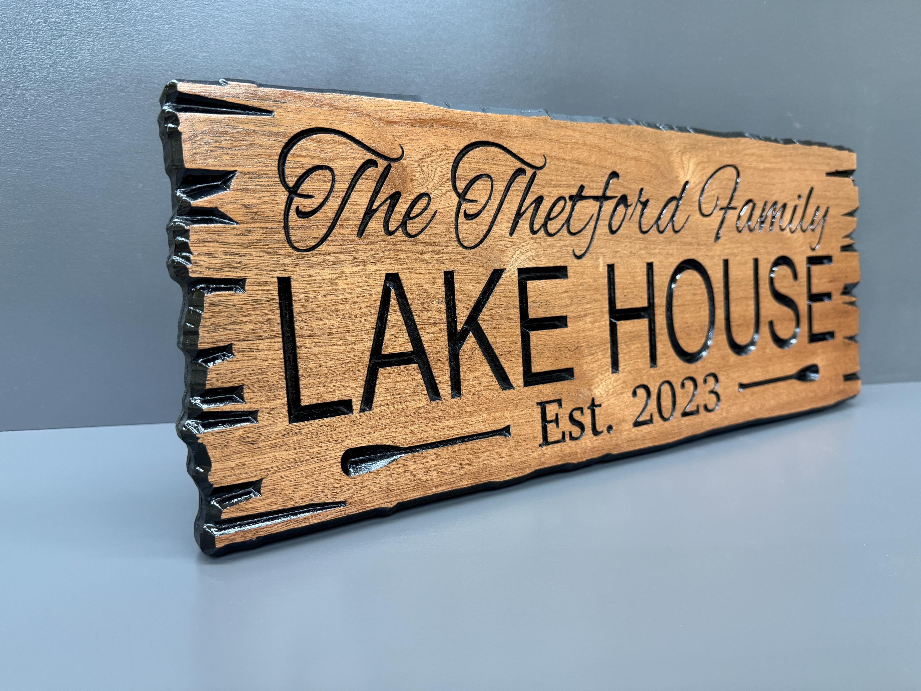 3D Lake House Sign Custom Wood, Personalized Raised Sign Carved, Cabin Hunting Decor 3D Plaque, Lake House Name Sign Raised