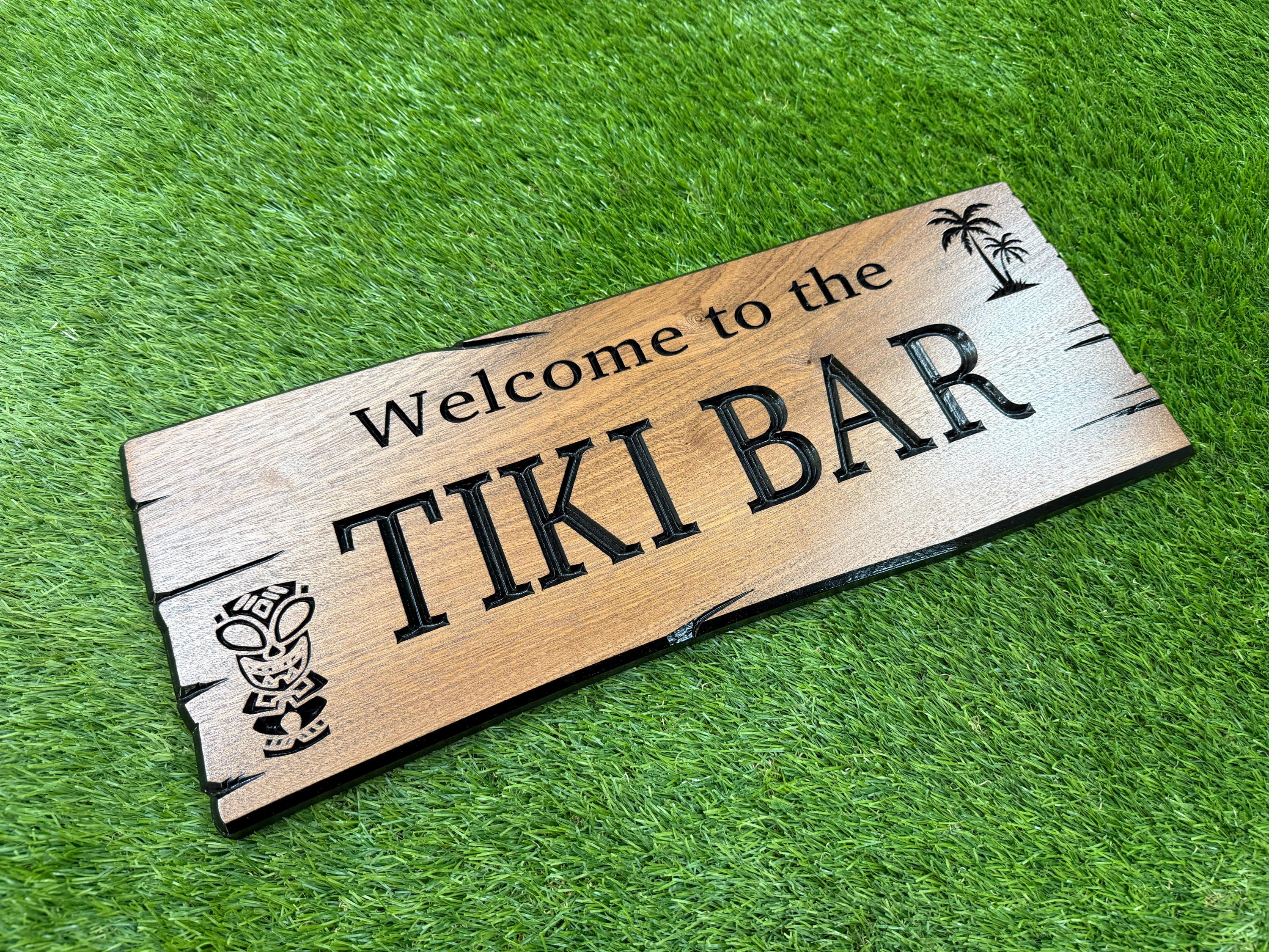 Custom Tiki Bar Decor - Carved Wooden Tribal Wall Art with Palm Trees & Hibiscus, Hawaiian-Inspired Tropical Accent for Home and Patio Art