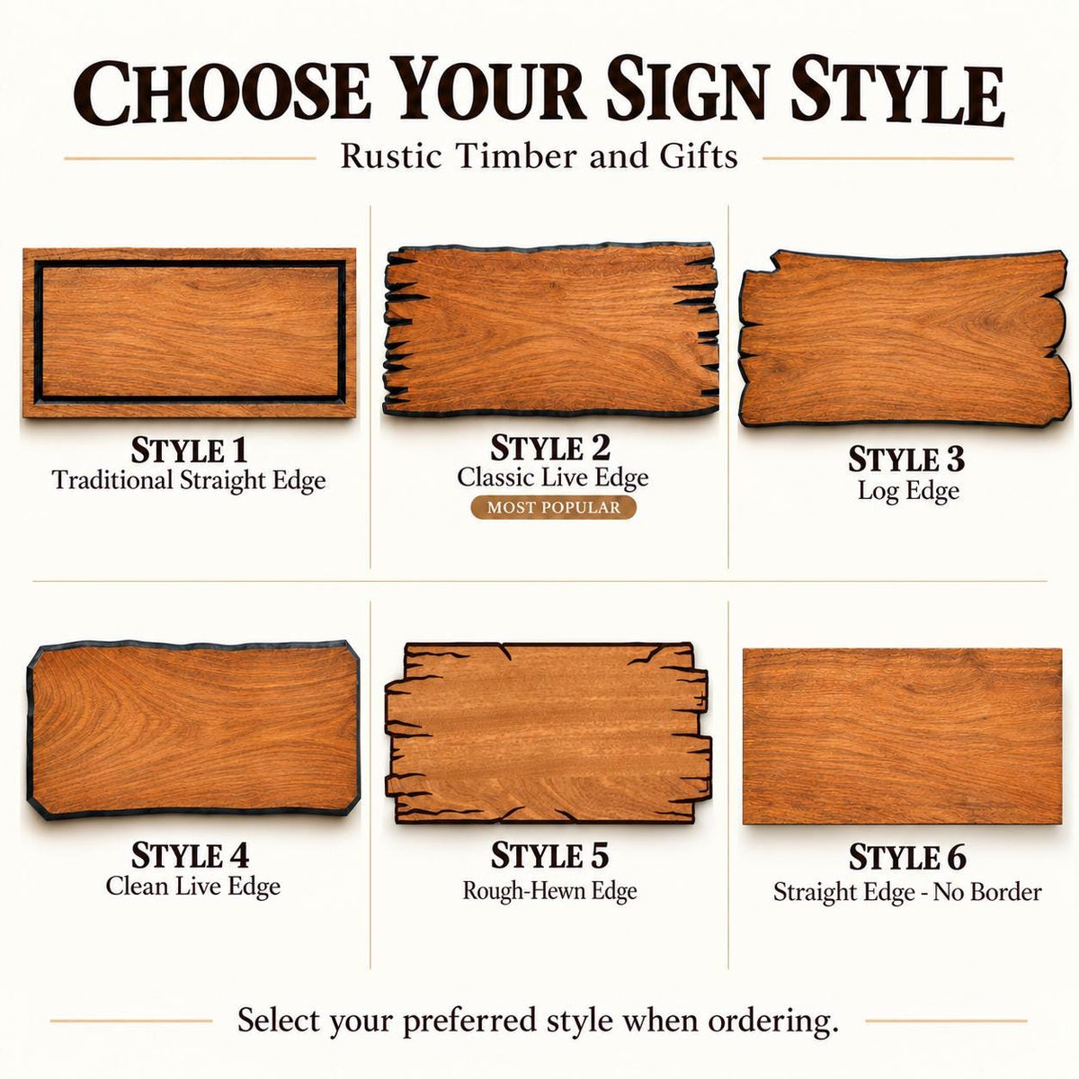 a variety of wooden sign styles, including traditional, classic, log, and border styles, each with different edges and finishes.