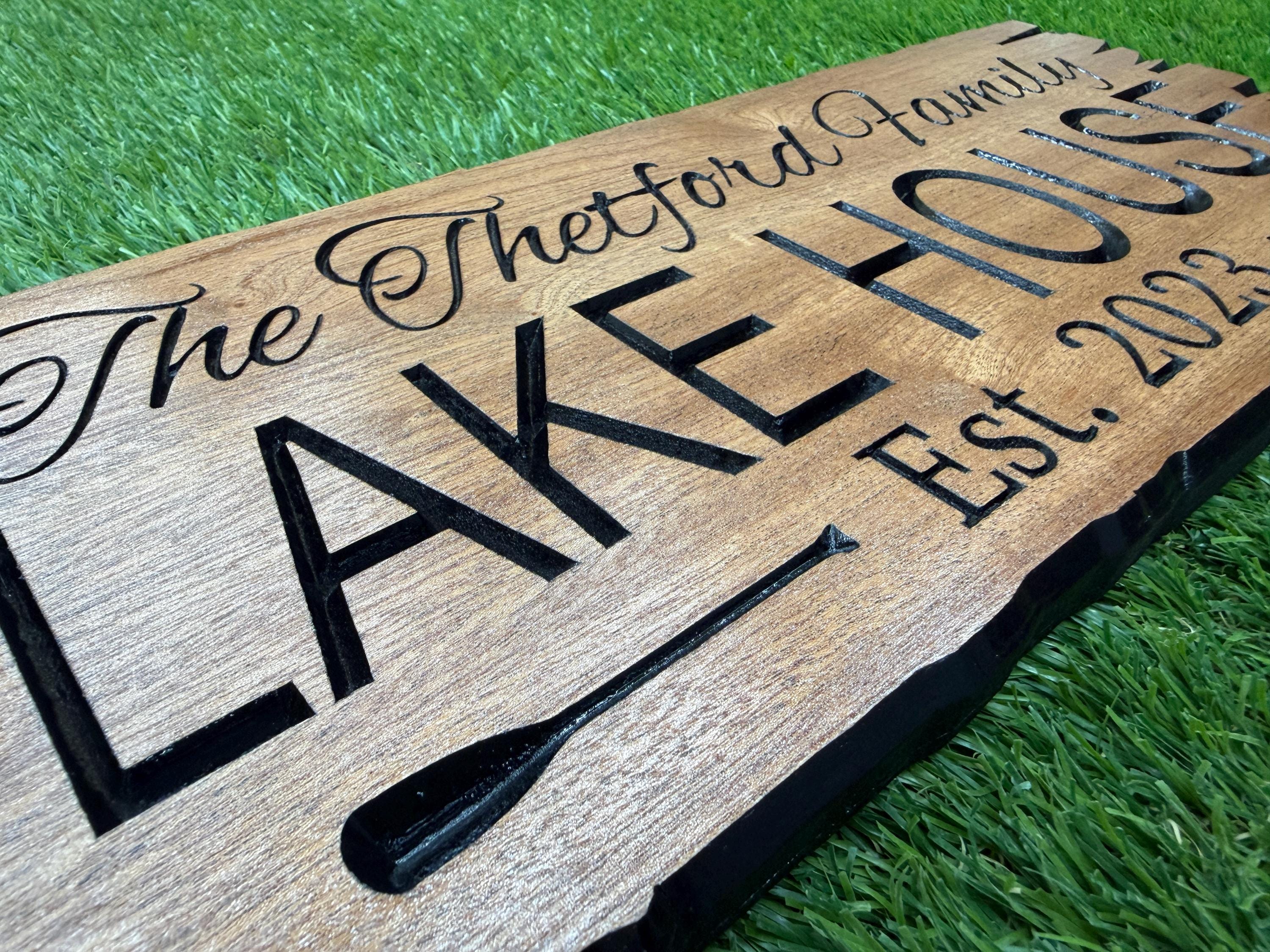 3D Lake House Sign Custom Wood, Personalized Raised Sign Carved, Cabin Hunting Decor 3D Plaque, Lake House Name Sign Raised