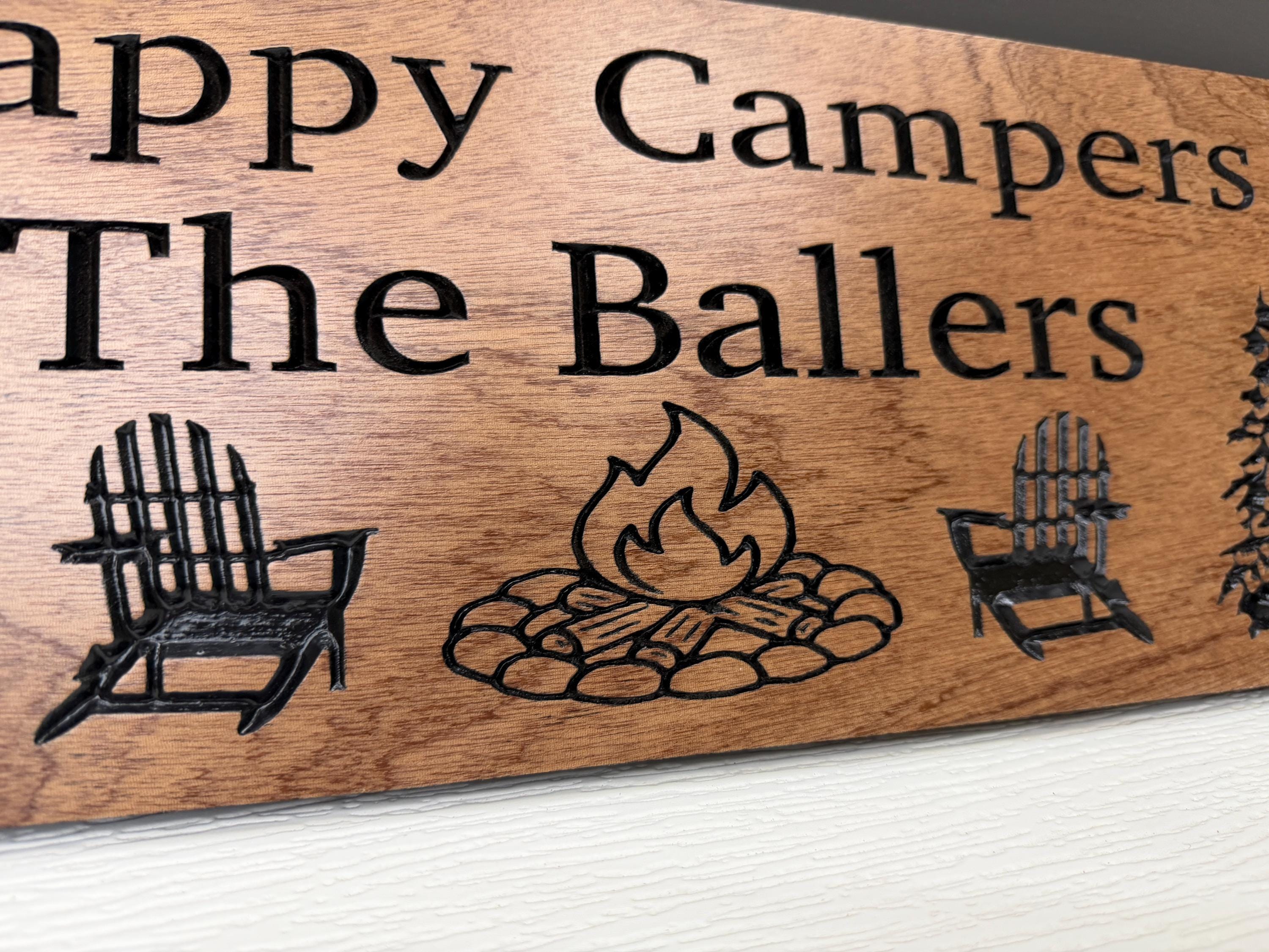 Happy Campers Sign Custom Wood, Personalized Family Name Camp Sign, Adirondack Chair Campfire Pine Tree Carved, Cabin Campsite Decor