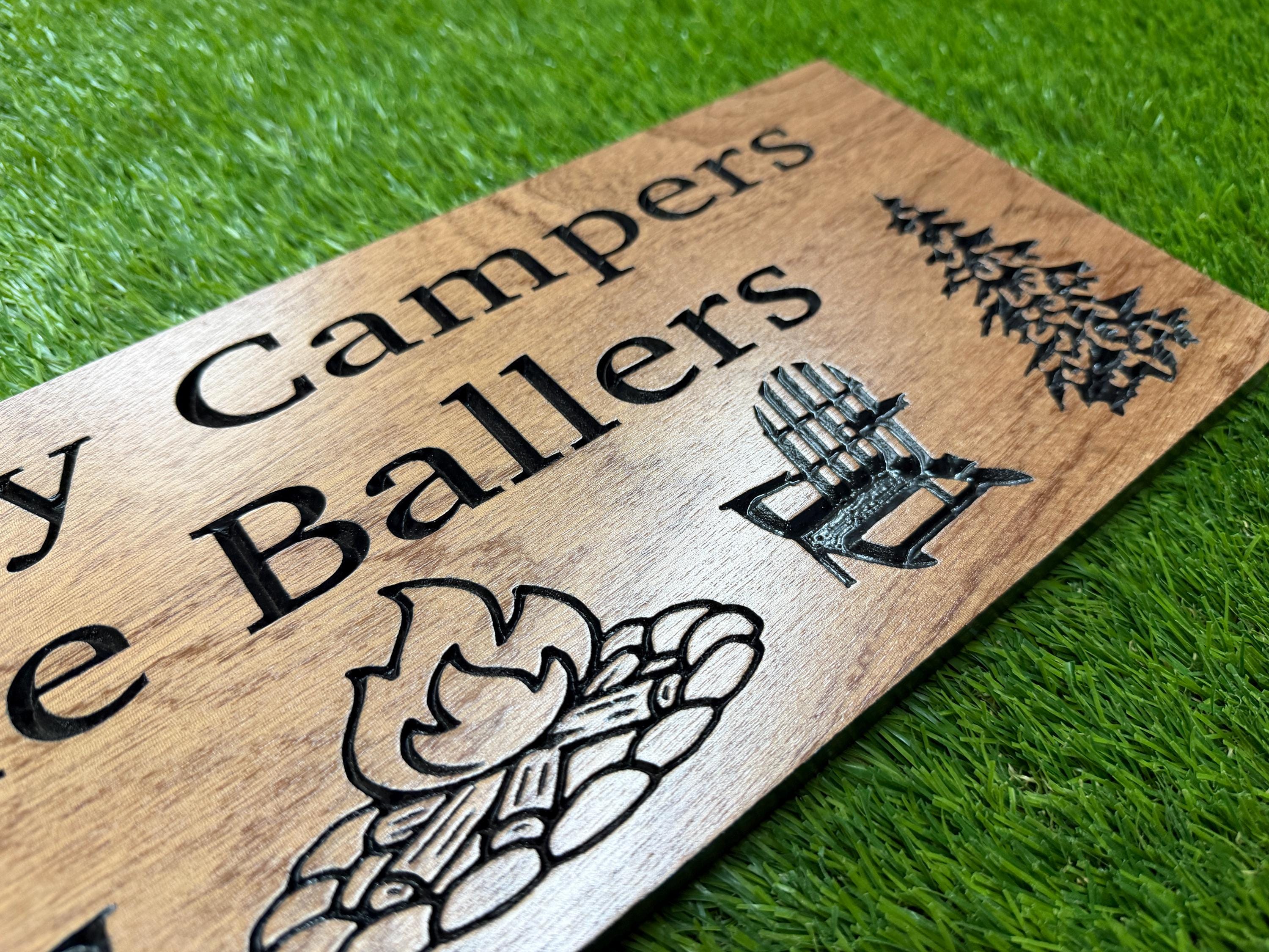 Happy Campers Sign Custom Wood, Personalized Family Name Camp Sign, Adirondack Chair Campfire Pine Tree Carved, Cabin Campsite Decor