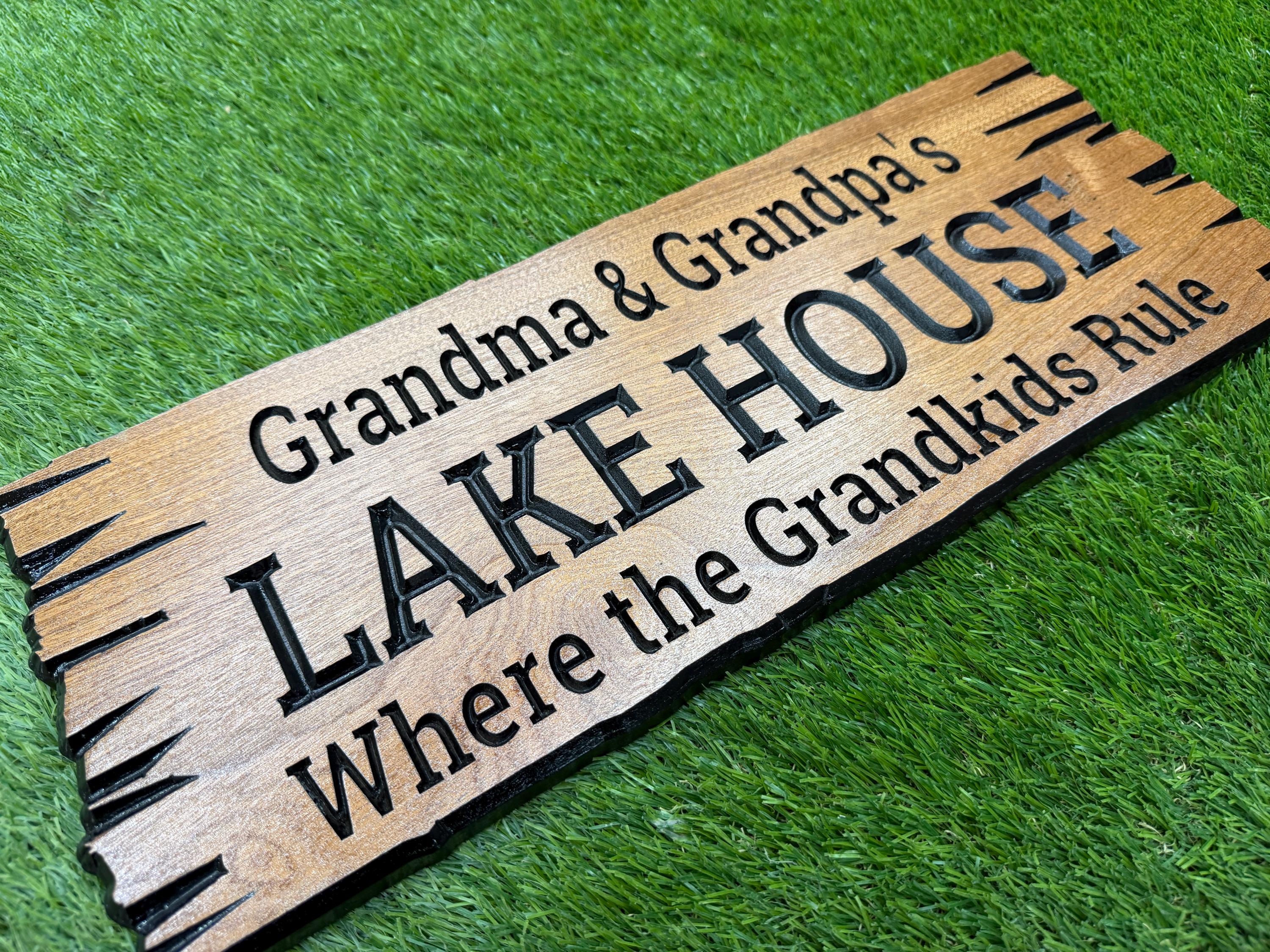 Grandma and Grandpa Lake House Sign Custom Wood Live Edge, Grandparent Cabin Sign Personalized, Grandparents Lake Sign Carved
