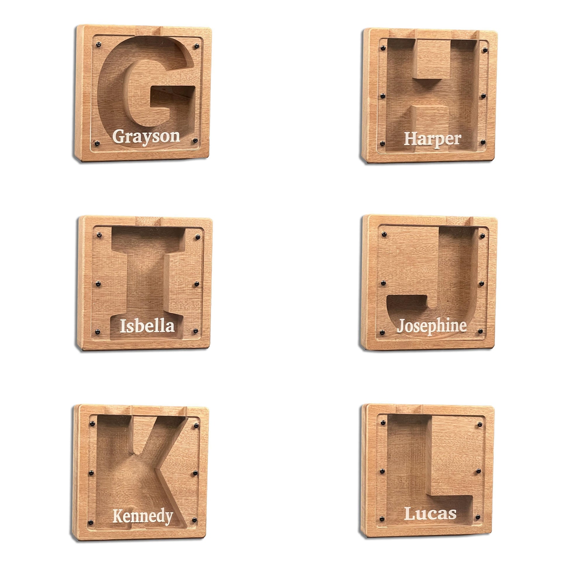 six wooden letters, each with a name written on it, arranged in a grid.