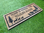 Home Is Where the Wildlife Roams Sign Custom Wood, Bear Deer Pine Tree Cabin Decor, Wildlife Family Sign Carved Hardwood, Nature Lodge Sign