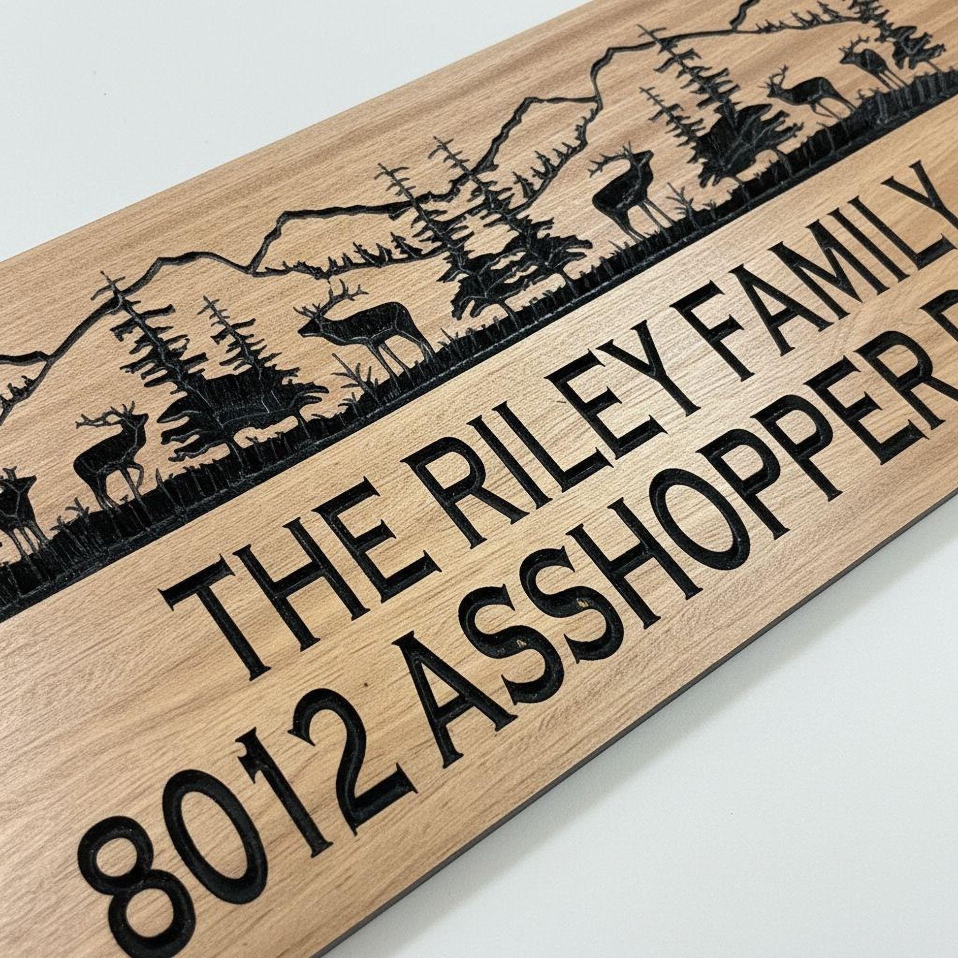 A wooden sign with a mountain landscape and deer silhouettes, along with the text "THE RILEY FAMILY 8012 ASSHOOPPER".