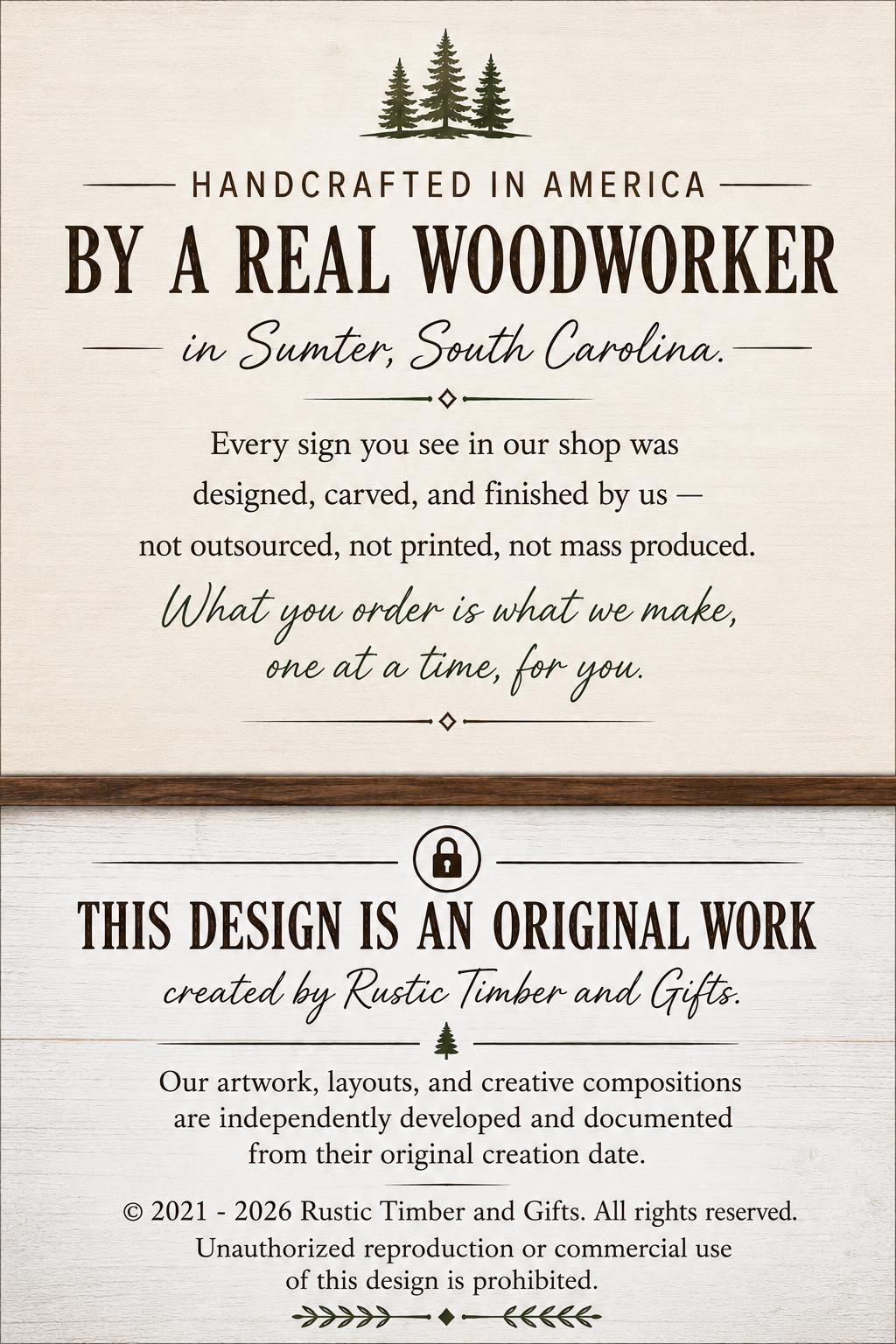 The image is a collage of two photographs. The top photograph shows a close-up of a handcrafted sign, while the bottom photograph depicts a close-up of a handcrafted wooden sign. The text on the image is a description of the handcrafted items, stating that they are created by a real woodworker in Sumter, South Carolina, and that the design is original.