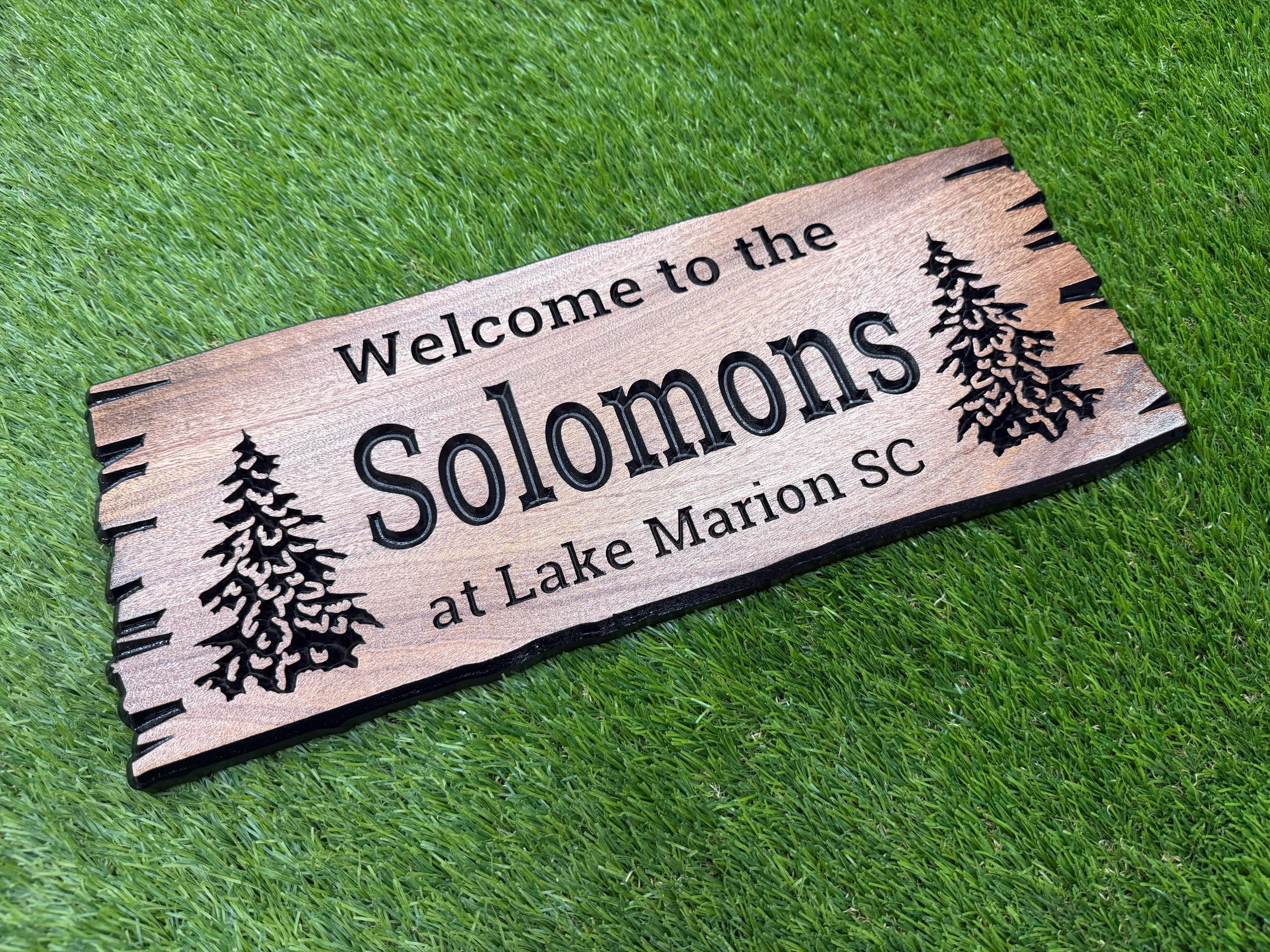Welcome to the Lake Sign Custom Wood Live Edge, Personalized Family Name Lake Sign Pine Trees, Named Lake Sign Carved Hardwood