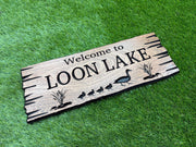 Loon Lake Sign Custom Wood, Personalized Loon Lake House Sign, Welcome to the Lake Carved Hardwood, Loon Bird Cabin Sign Live Edge