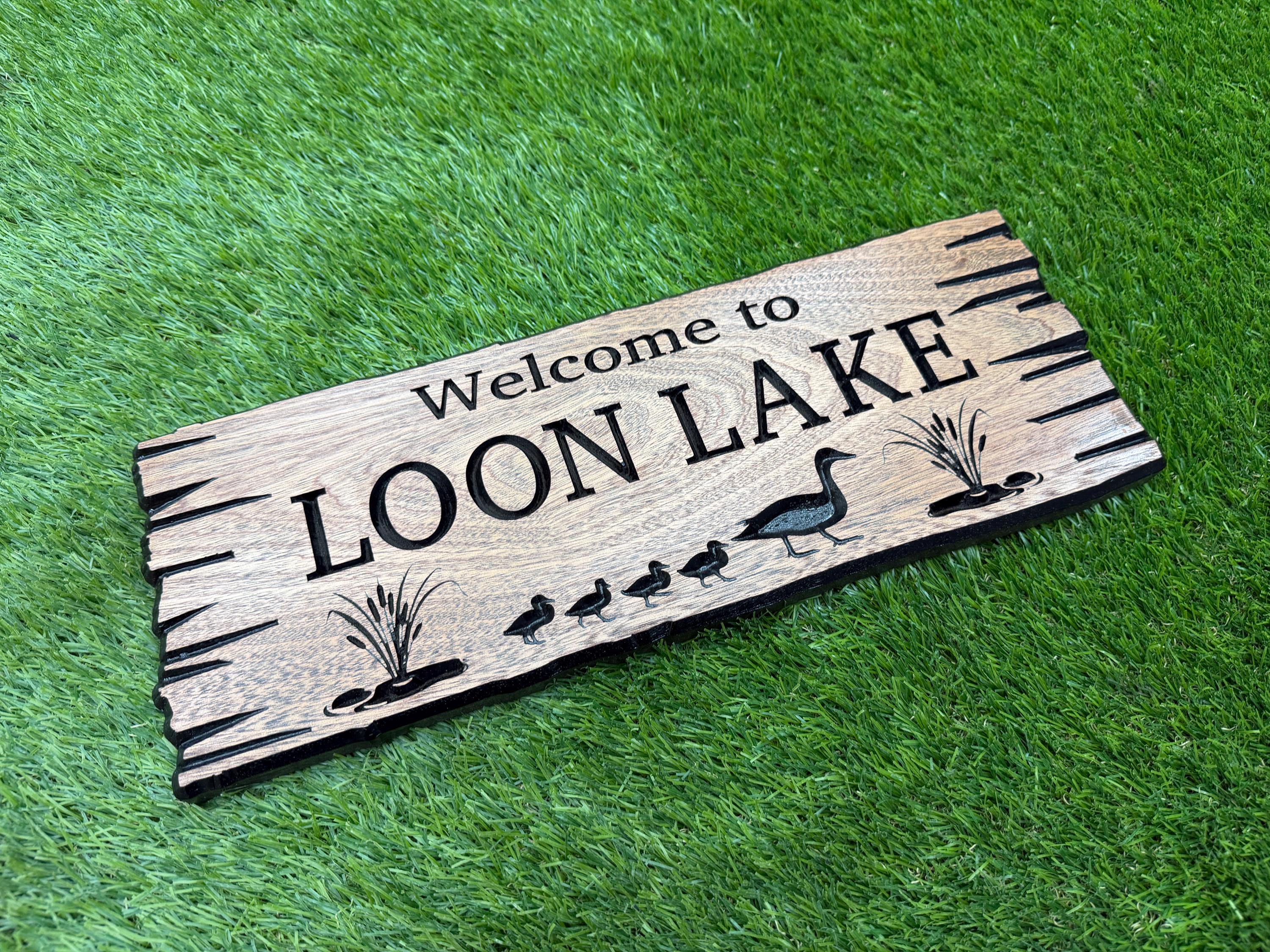 Loon Lake Sign Custom Wood, Personalized Loon Lake House Sign, Welcome to the Lake Carved Hardwood, Loon Bird Cabin Sign Live Edge