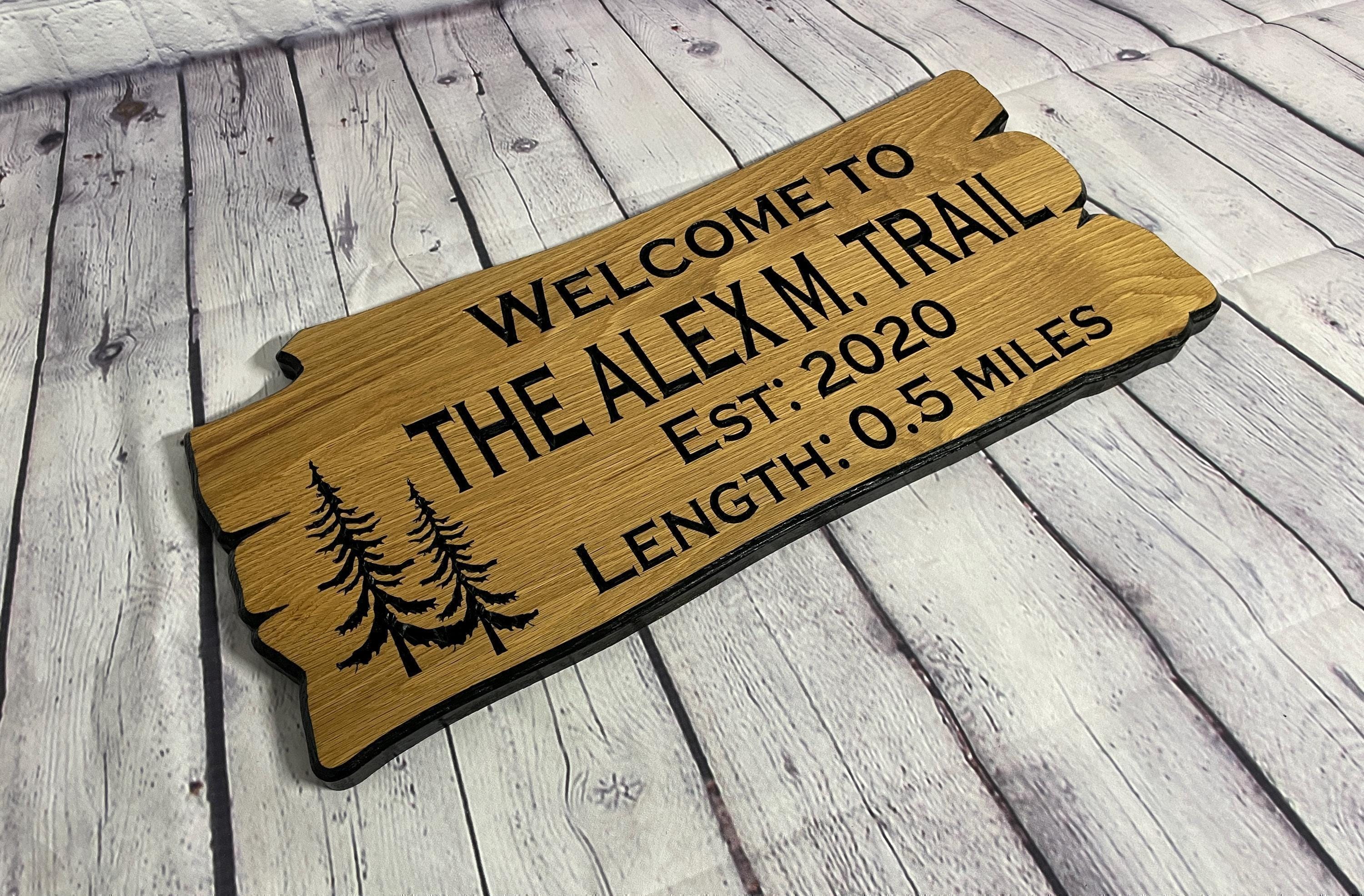 Pine Tree Hiking Trail Sign Custom Wood, Live Edge Cabin Trail Sign, Personalized Pine Tree Path Sign, Cabin Trail Decor Carved