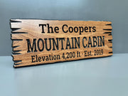 Mountain Cabin Sign Custom Wood Live Edge, Personalized Mountain Home Sign Carved Hardwood, Family Name Mountain Sign Cabin