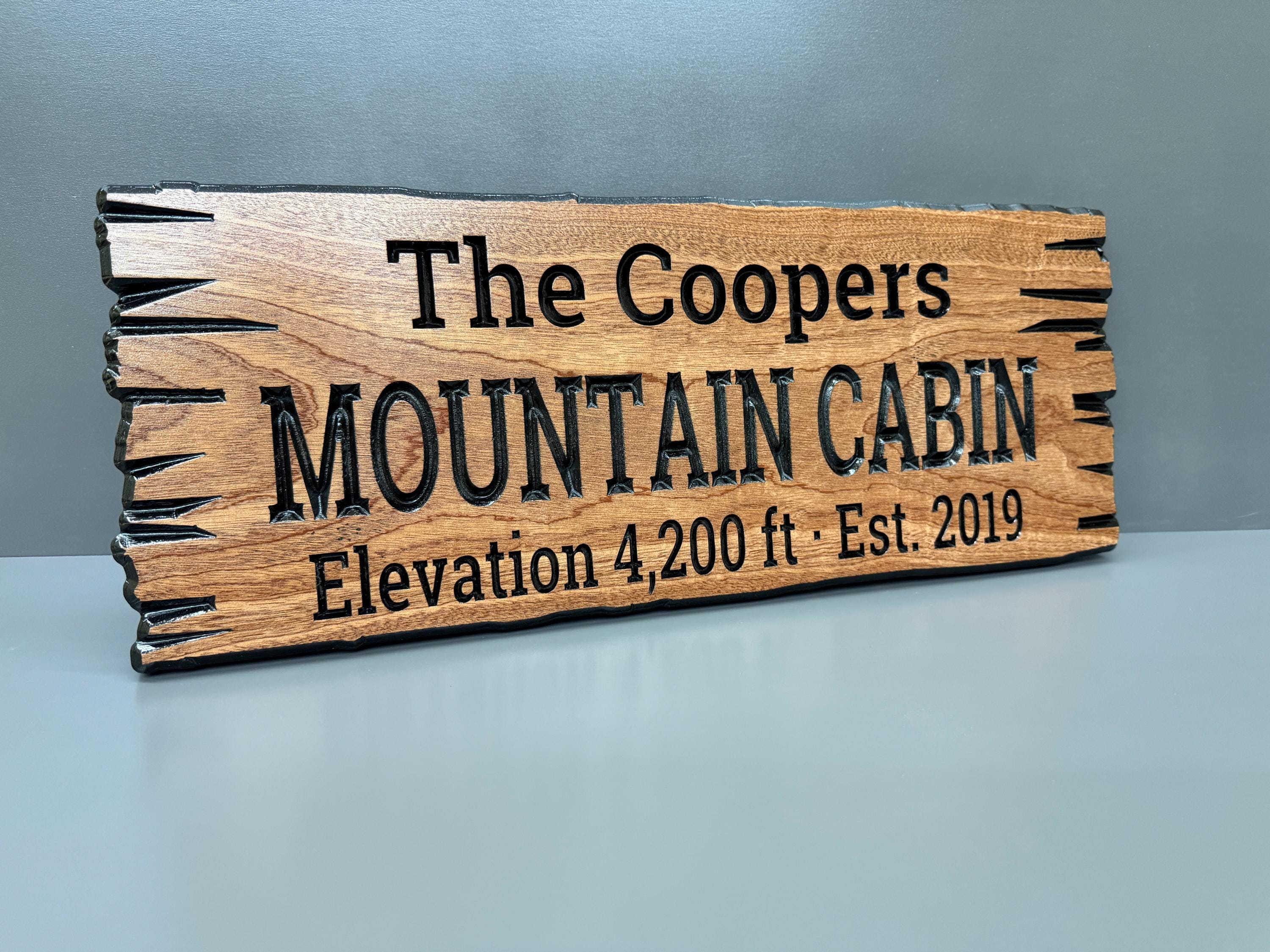 Mountain Cabin Sign Custom Wood Live Edge, Personalized Mountain Home Sign Carved Hardwood, Family Name Mountain Sign Cabin