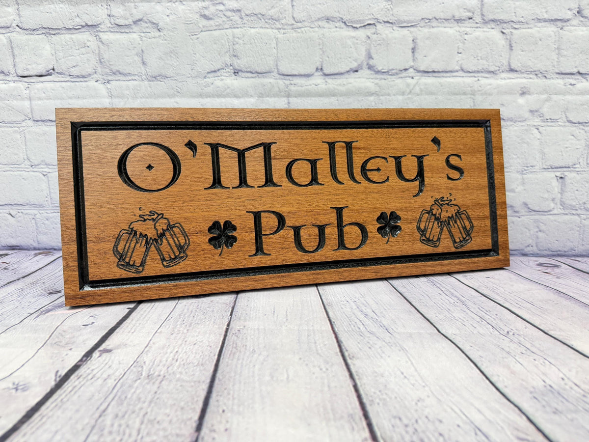 Personalized Irish Pub Sign, Shamrock Family Name Bar Sign, Carved Wood