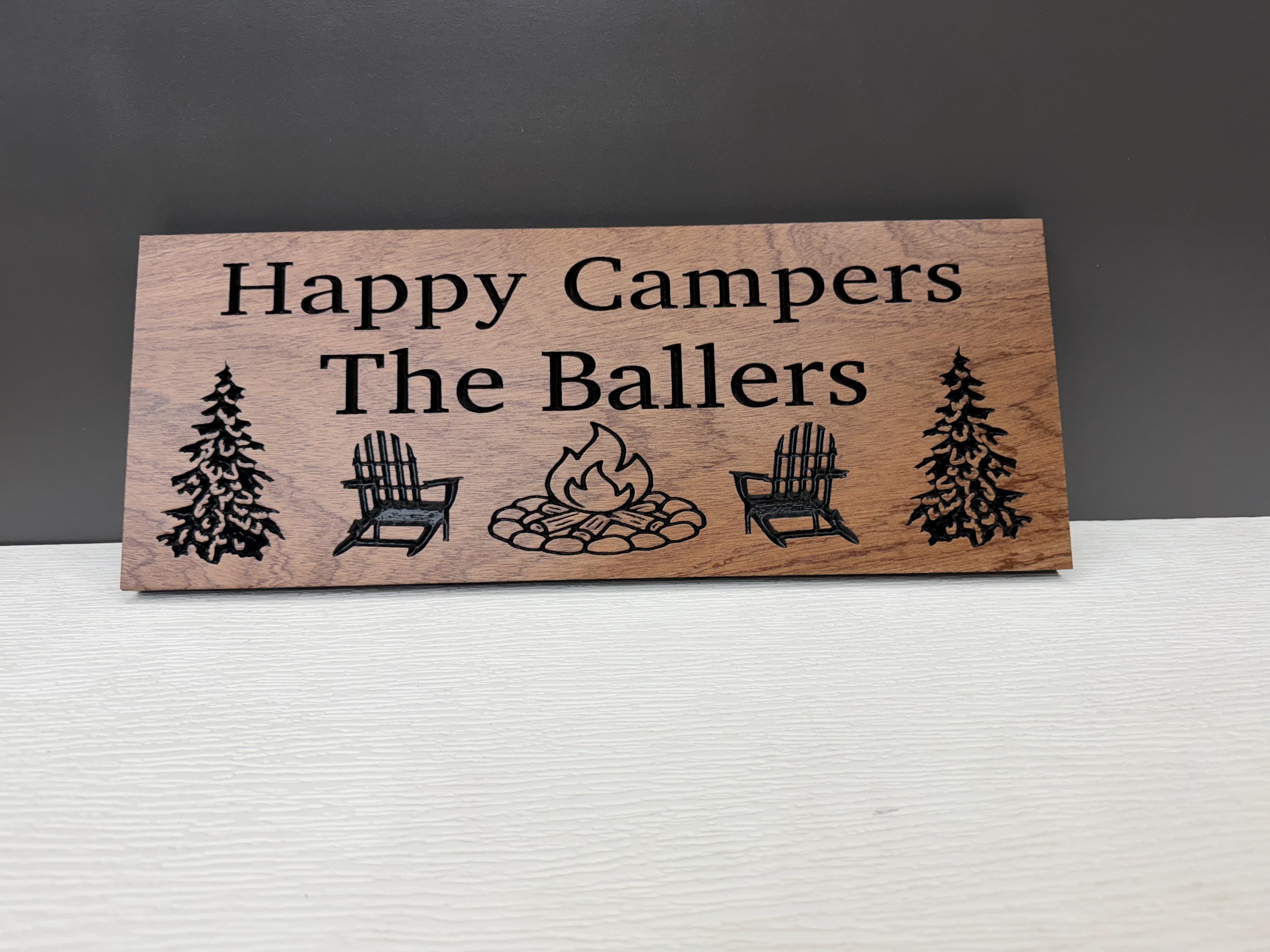 Happy Campers Sign Custom Wood, Personalized Family Name Camp Sign, Adirondack Chair Campfire Pine Tree Carved, Cabin Campsite Decor