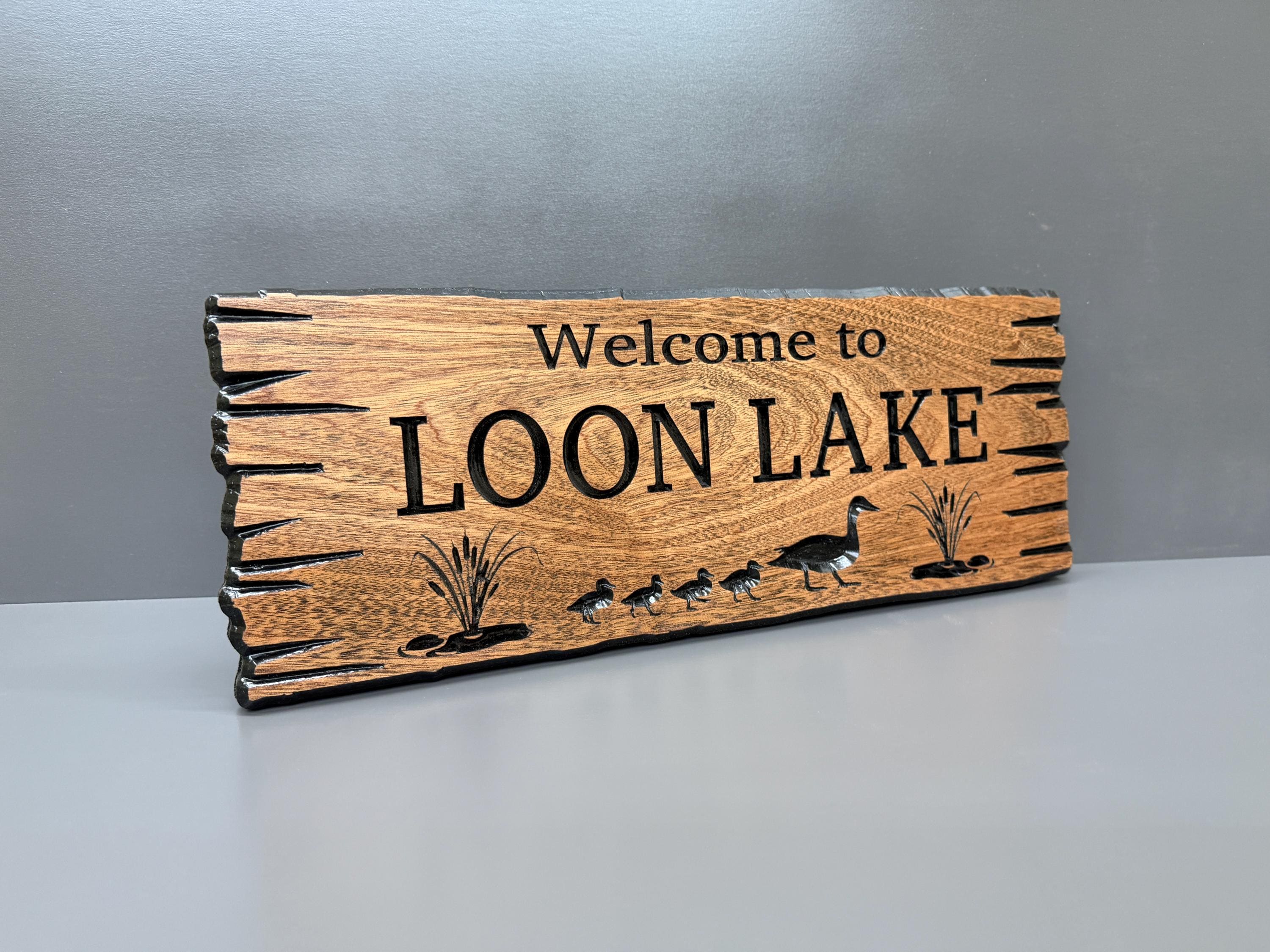 Loon Lake Sign Custom Wood, Personalized Loon Lake House Sign, Welcome to the Lake Carved Hardwood, Loon Bird Cabin Sign Live Edge