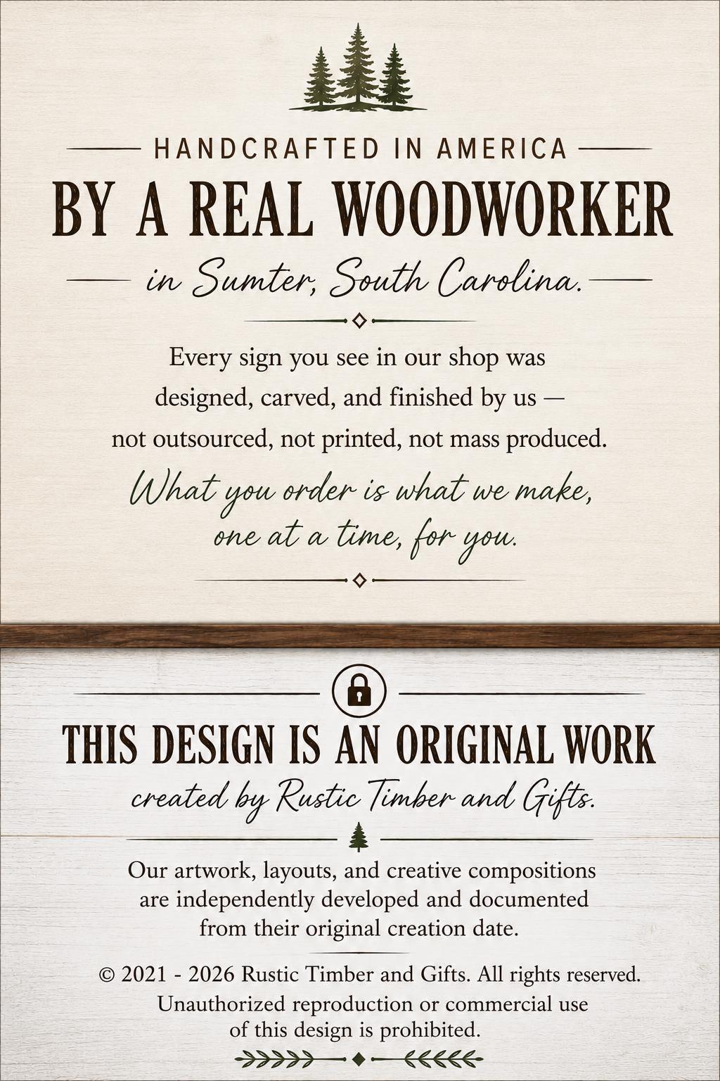 The image is a collage of two photographs. The top photograph shows a close-up of a handcrafted sign, while the bottom photograph depicts a close-up of a handcrafted wooden sign. The text on the image is a description of the handcrafted items, stating that they are created by a real woodworker in Sumter, South Carolina, and that the design is original.