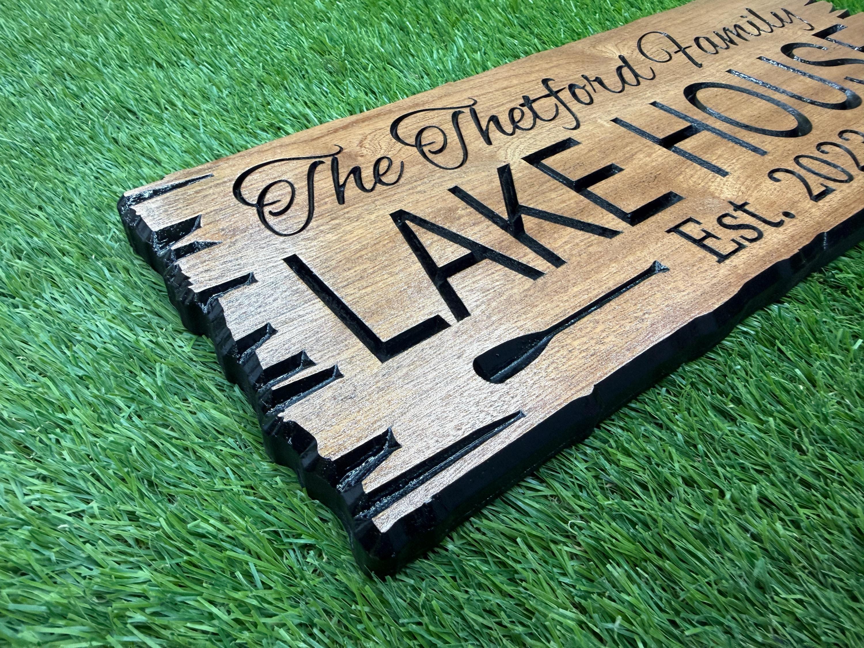 3D Lake House Sign Custom Wood, Personalized Raised Sign Carved, Cabin Hunting Decor 3D Plaque, Lake House Name Sign Raised