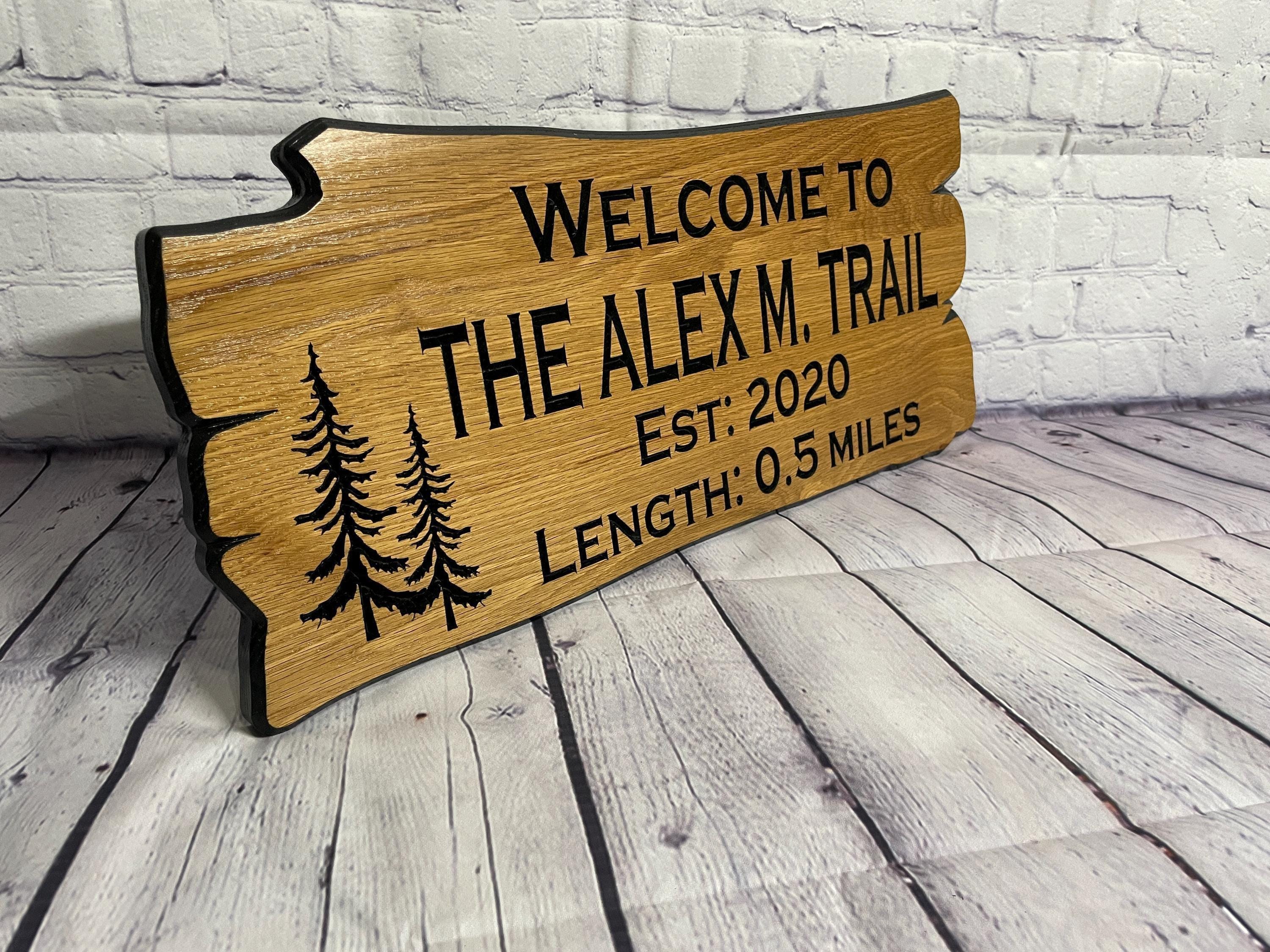 Pine Tree Hiking Trail Sign Custom Wood, Live Edge Cabin Trail Sign, Personalized Pine Tree Path Sign, Cabin Trail Decor Carved