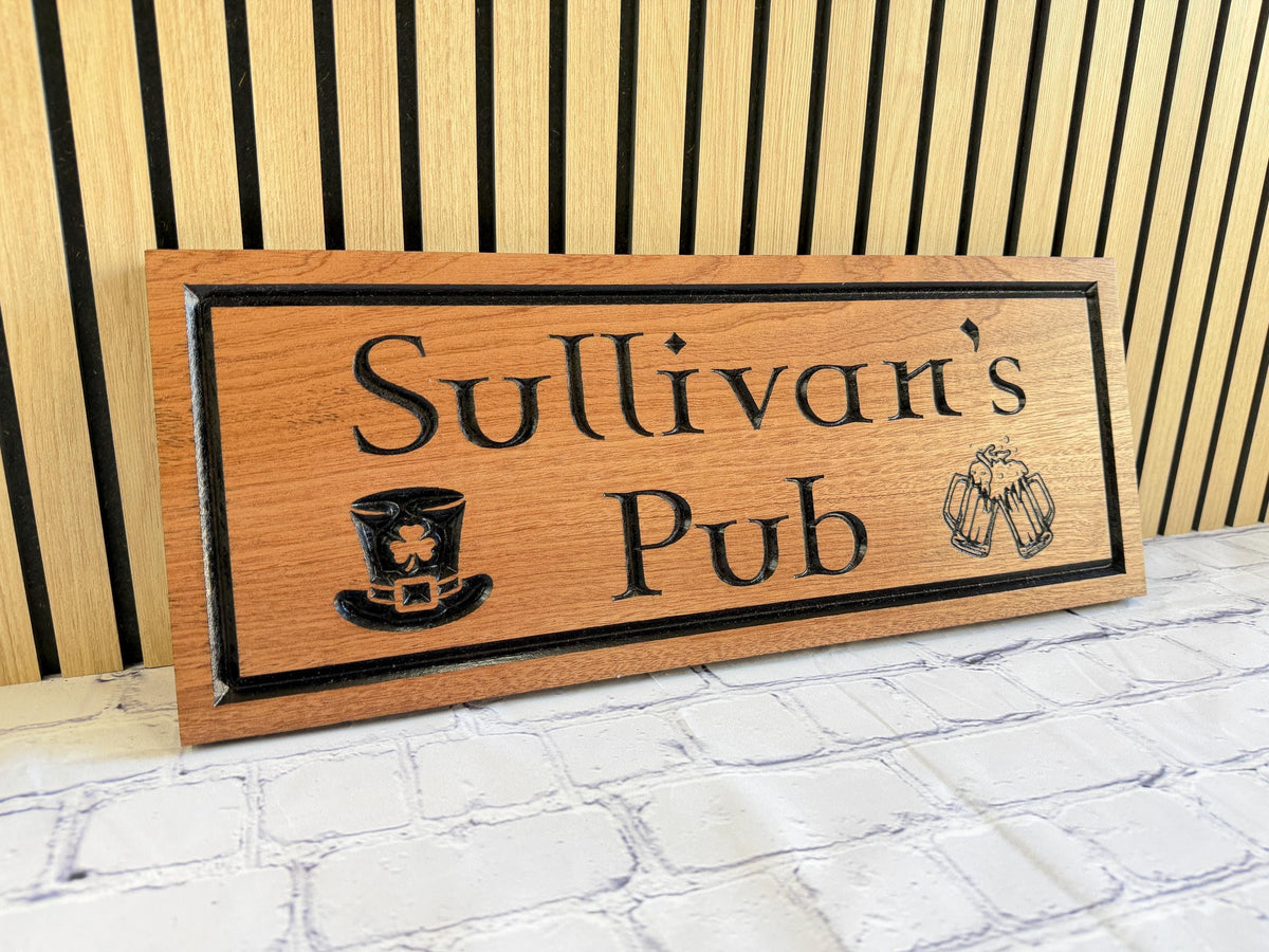 Leprechaun Hat Irish Bar Sign, Personalized Shamrock Pub Sign, Carved Wood