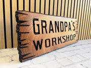 Grandpa Workshop Sign, Personalized Live Edge Garage Sign, Carved Wood