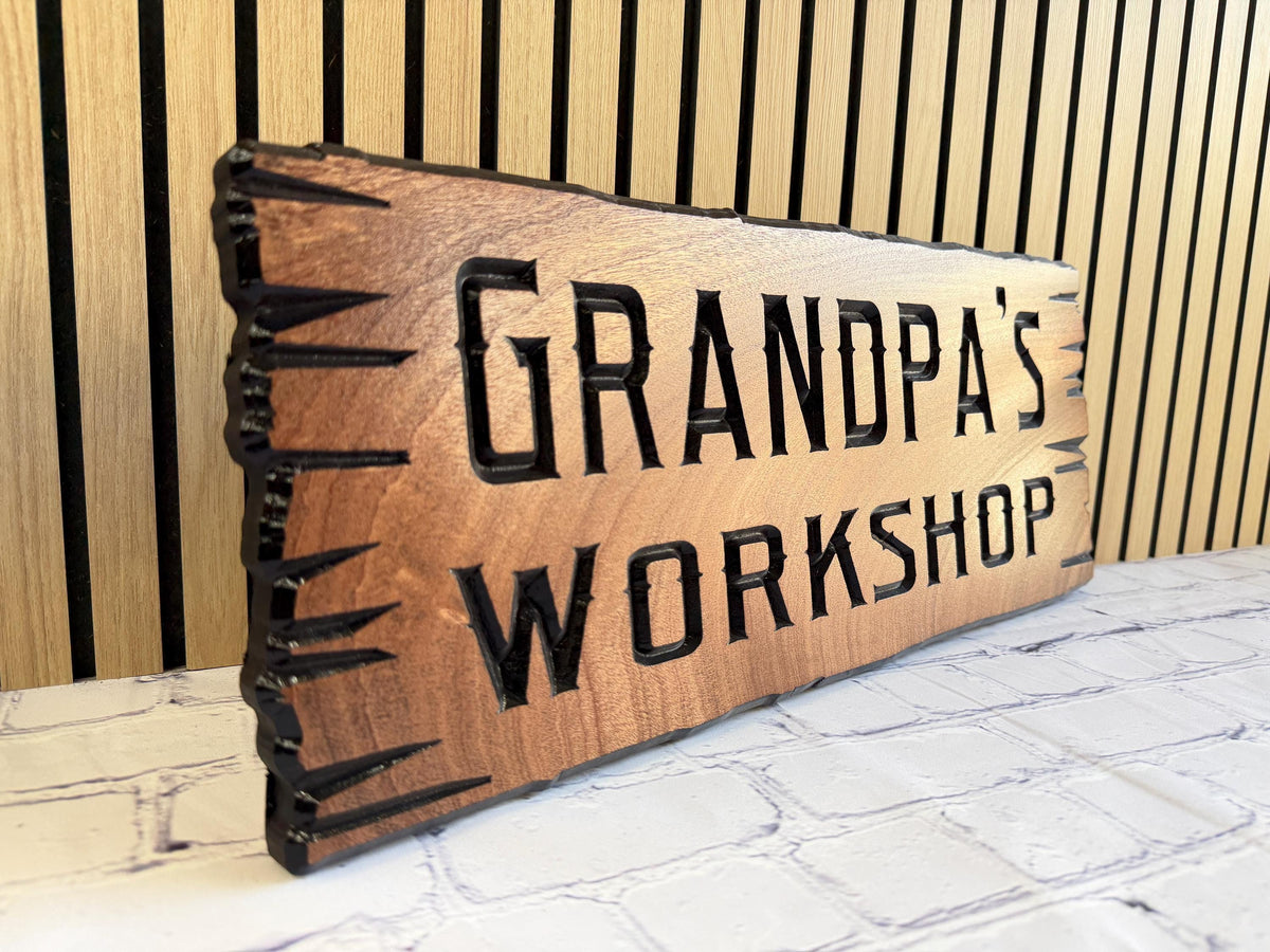 Grandpa Workshop Sign, Personalized Live Edge Garage Sign, Carved Wood