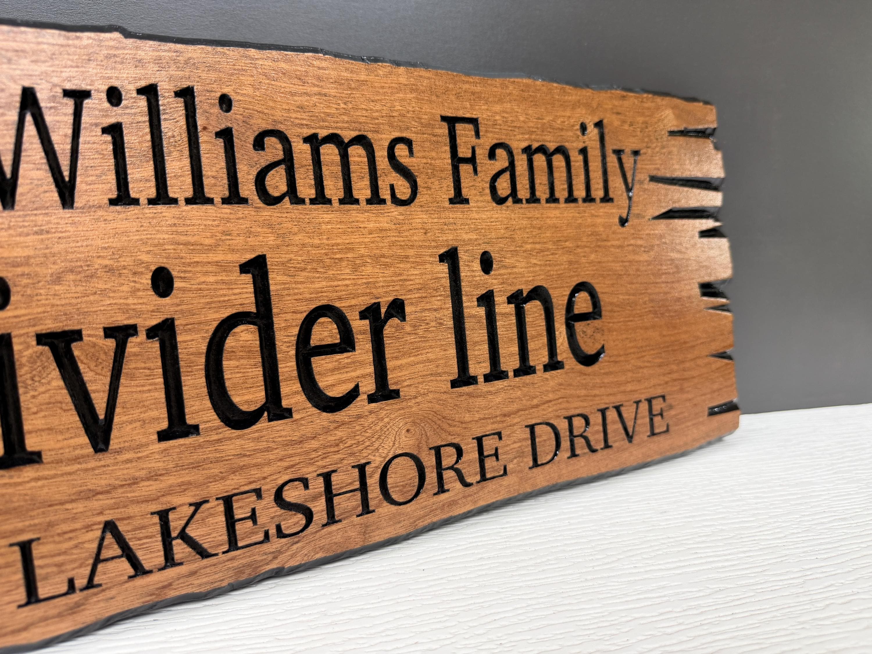 Lake House Gate Sign Custom Wood Live Edge, Family Name and Address Sign, Personalized Lake Property Sign Carved Hardwood