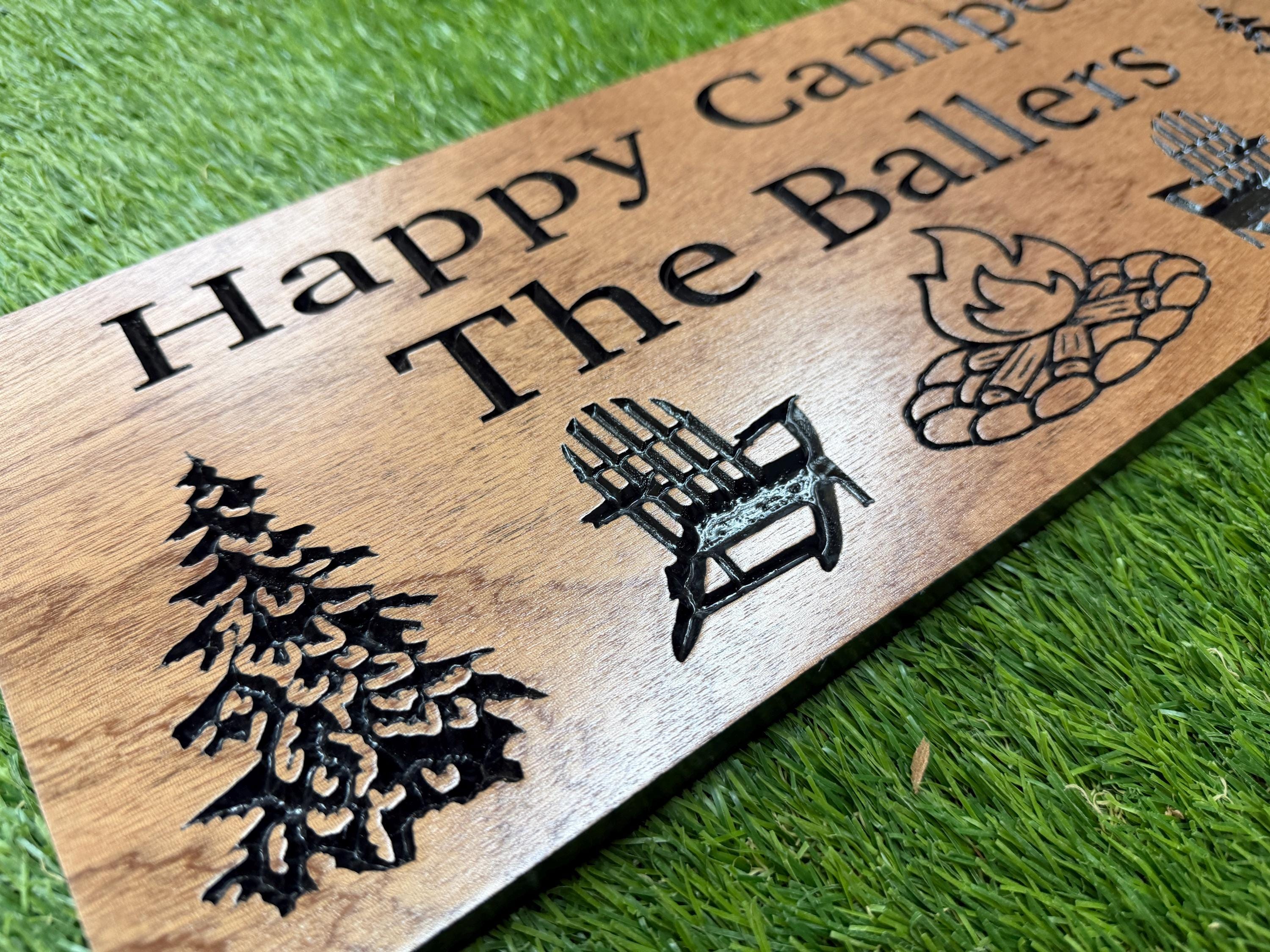 Happy Campers Sign Custom Wood, Personalized Family Name Camp Sign, Adirondack Chair Campfire Pine Tree Carved, Cabin Campsite Decor