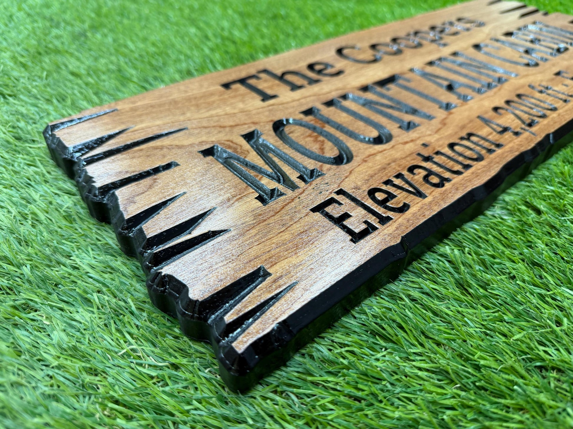 A wooden sign with text on it, placed on a grassy surface.