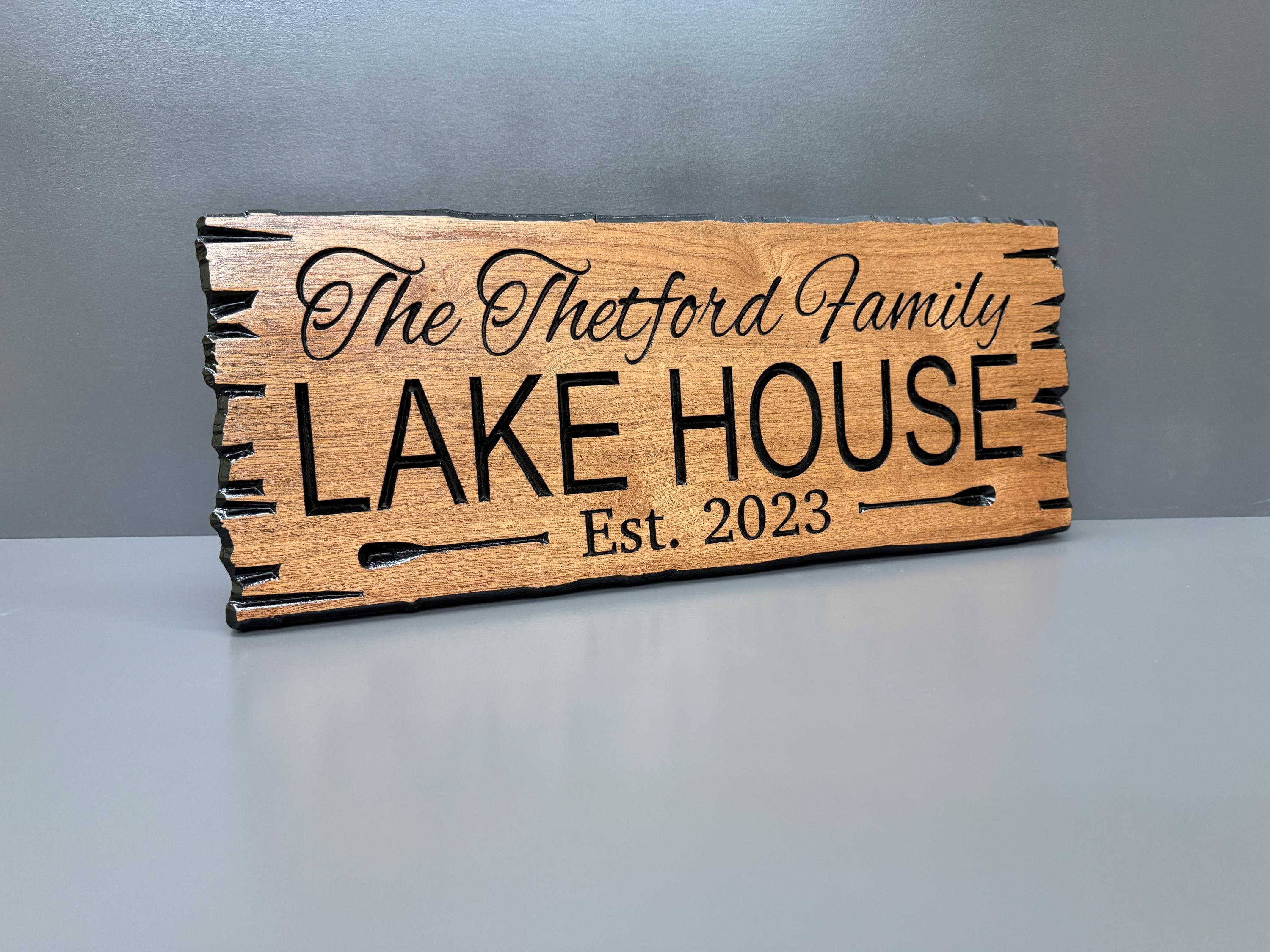 Lake House Sign Custom Wood Live Edge, Family Name Lake House Sign Paddle Carved, Established Date Lake Sign Hardwood Personalized