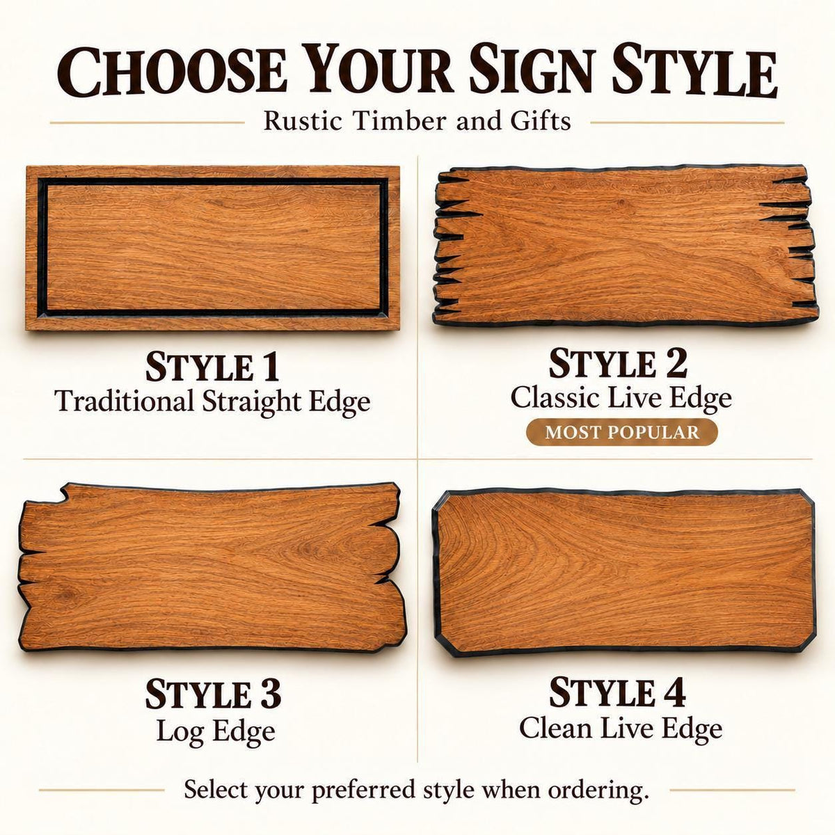 four different styles of wooden signs, each with a unique edge design, presented in a grid format.