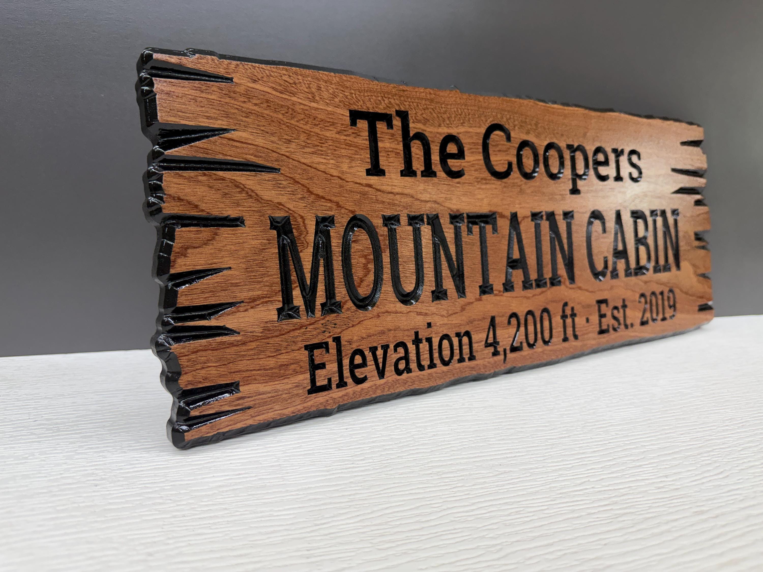 Mountain Cabin Sign Custom Wood Live Edge, Personalized Mountain Home Sign Carved Hardwood, Family Name Mountain Sign Cabin