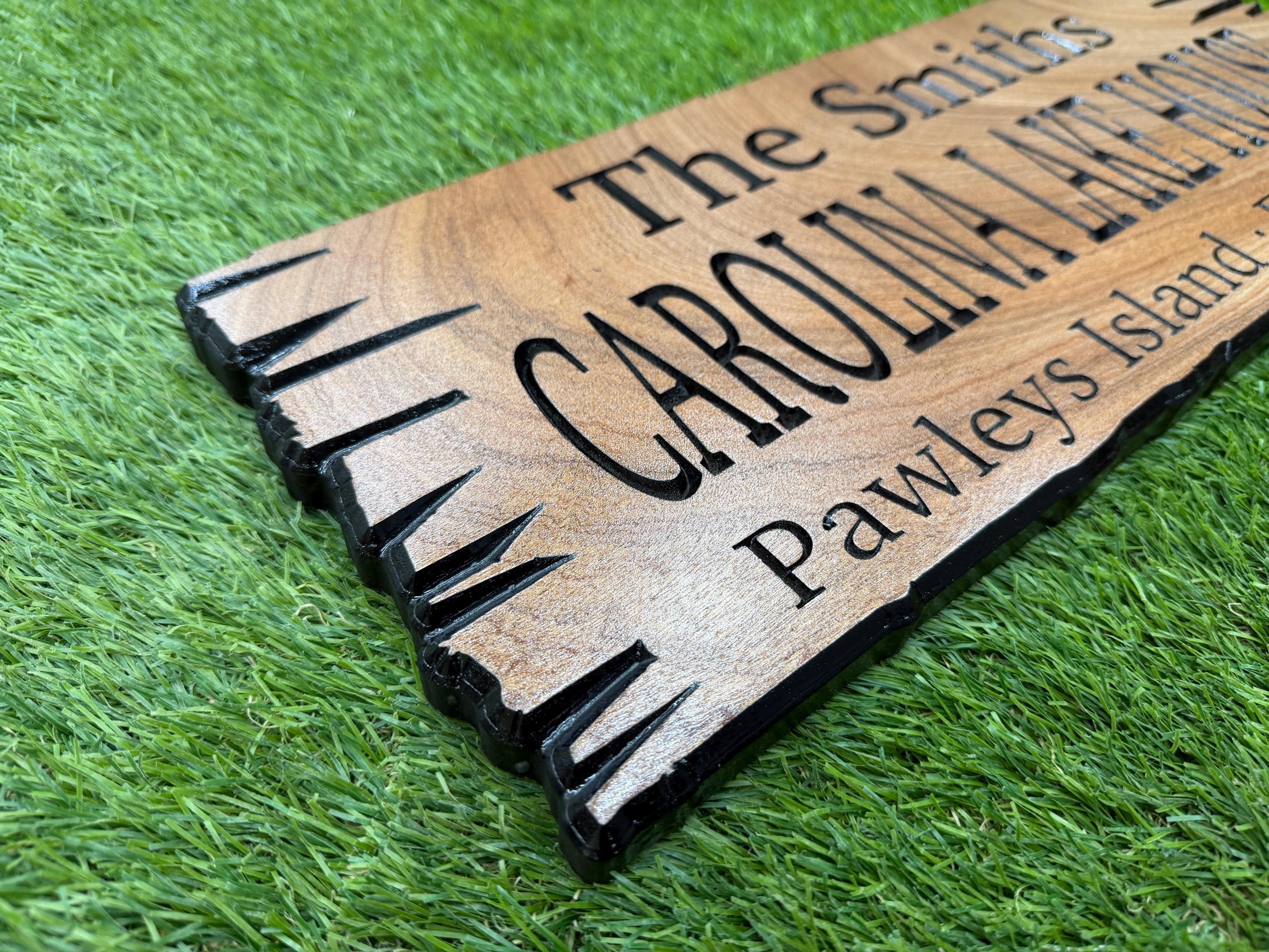 South Carolina Lake House Sign Custom Wood Live Edge, SC Cabin Sign Personalized, Lowcountry Home Sign Carved Hardwood Carolina