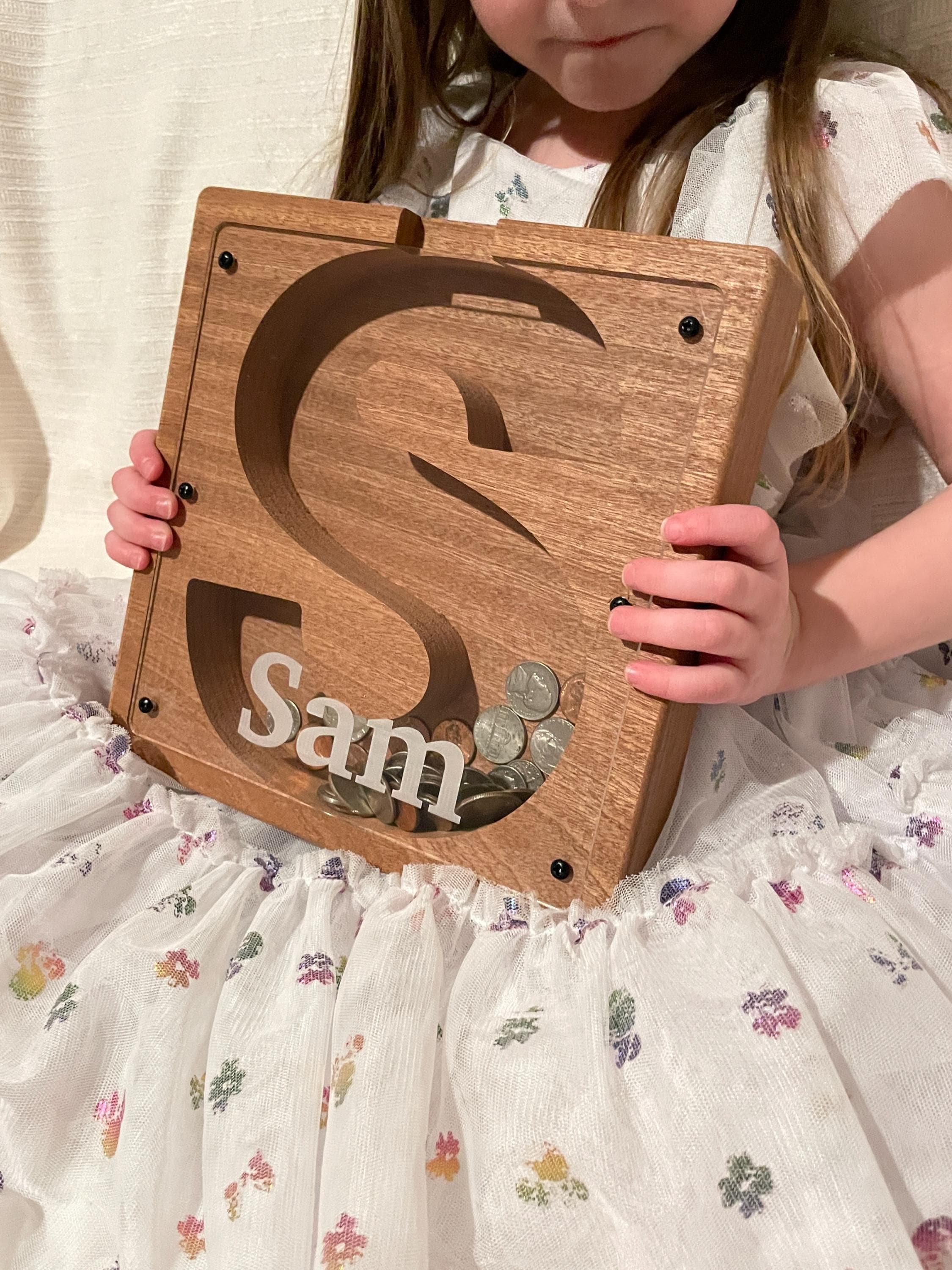 First Communion Gift Personalized Wood Bank, Confirmation Keepsake, Engraved Religious Gift, Custom Name Mahogany Bank