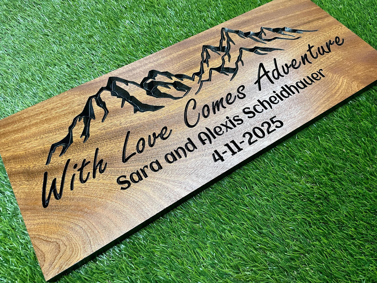 5th Anniversary Wood Gift, Personalized Mountain Sign with Names and Date