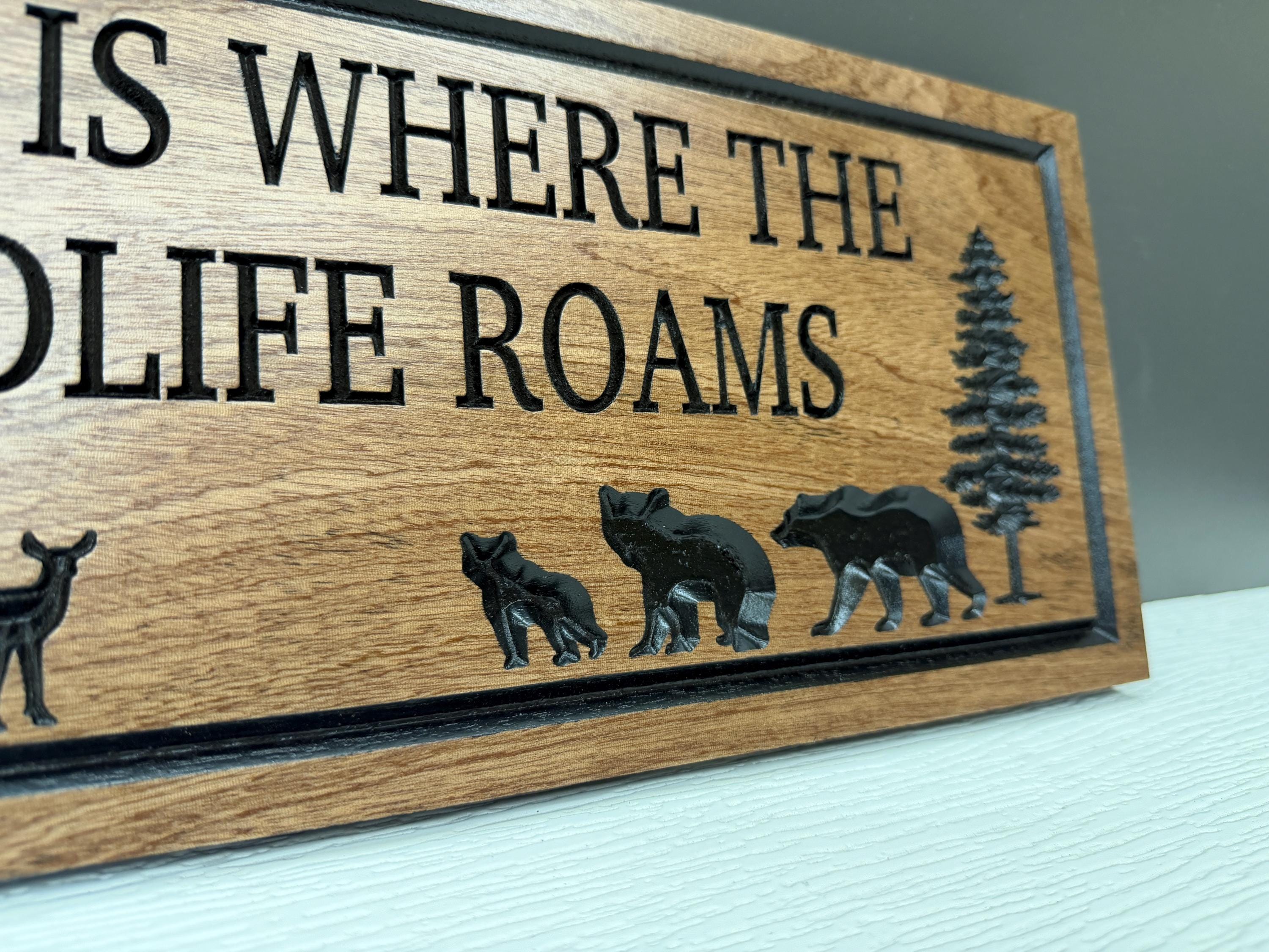Home Is Where the Wildlife Roams Sign Custom Wood, Bear Deer Pine Tree Cabin Decor, Wildlife Family Sign Carved Hardwood, Nature Lodge Sign