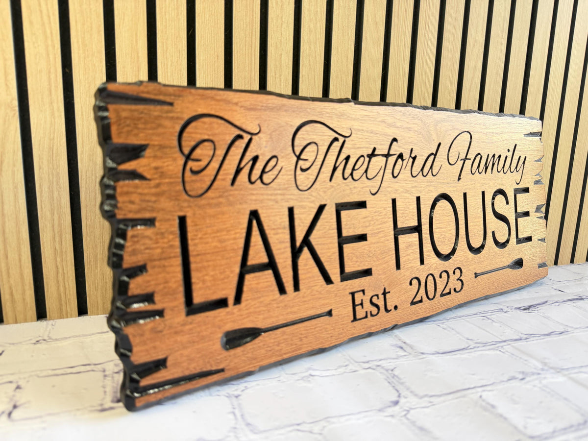 Lake House Paddle Sign, Live Edge Family Name Sign with Est. Date