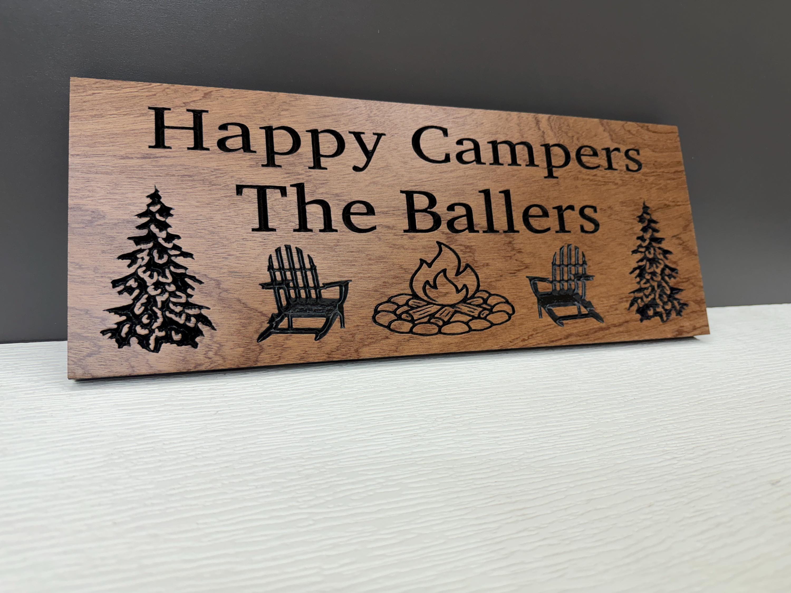 Happy Campers Sign Custom Wood, Personalized Family Name Camp Sign, Adirondack Chair Campfire Pine Tree Carved, Cabin Campsite Decor