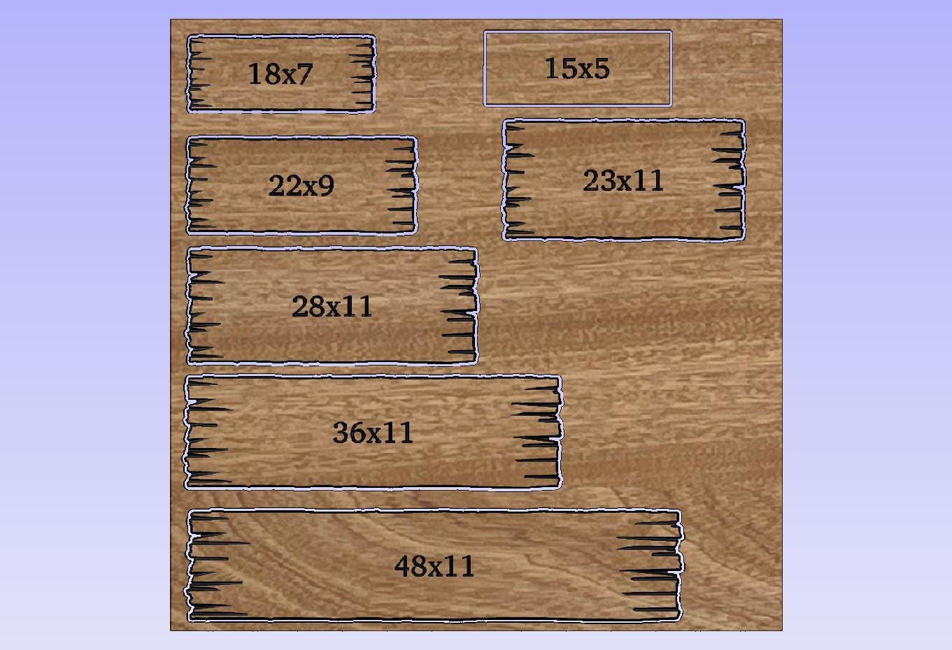 a collection of wooden planks or boards, each with a different size and shape, arranged in a grid-like pattern.