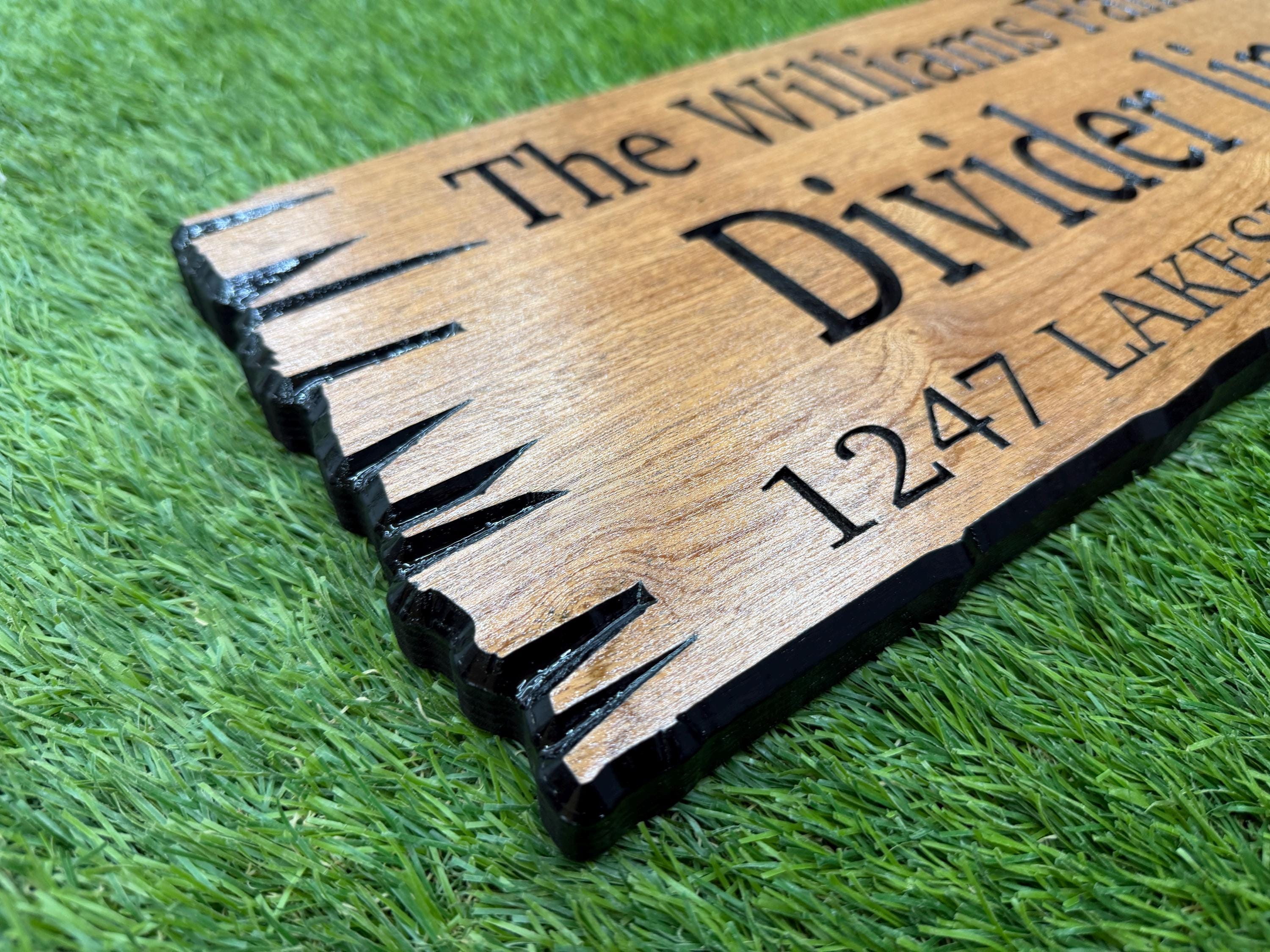 Lake House Gate Sign Custom Wood Live Edge, Family Name and Address Sign, Personalized Lake Property Sign Carved Hardwood