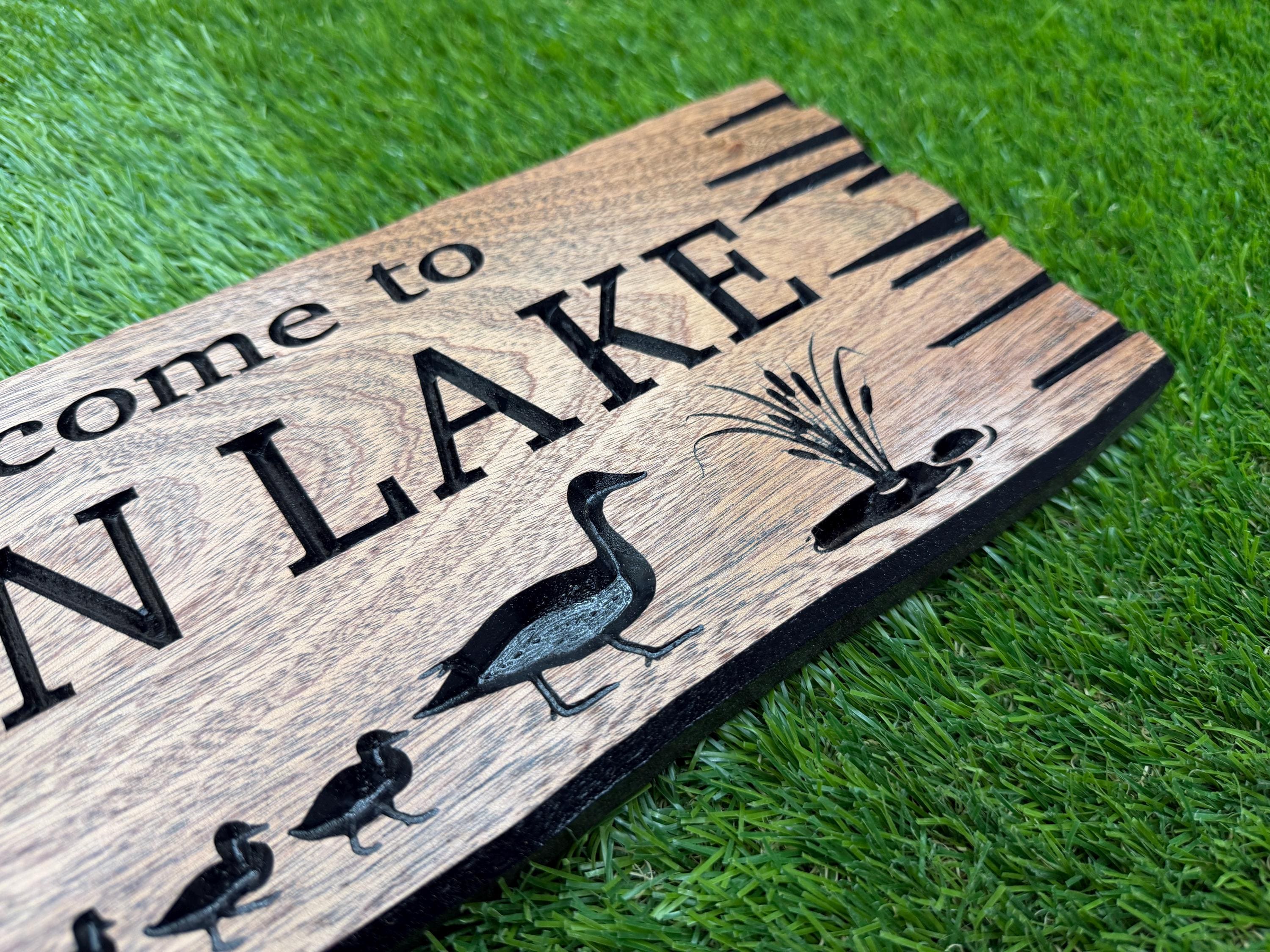 Loon Lake Sign Custom Wood, Personalized Loon Lake House Sign, Welcome to the Lake Carved Hardwood, Loon Bird Cabin Sign Live Edge