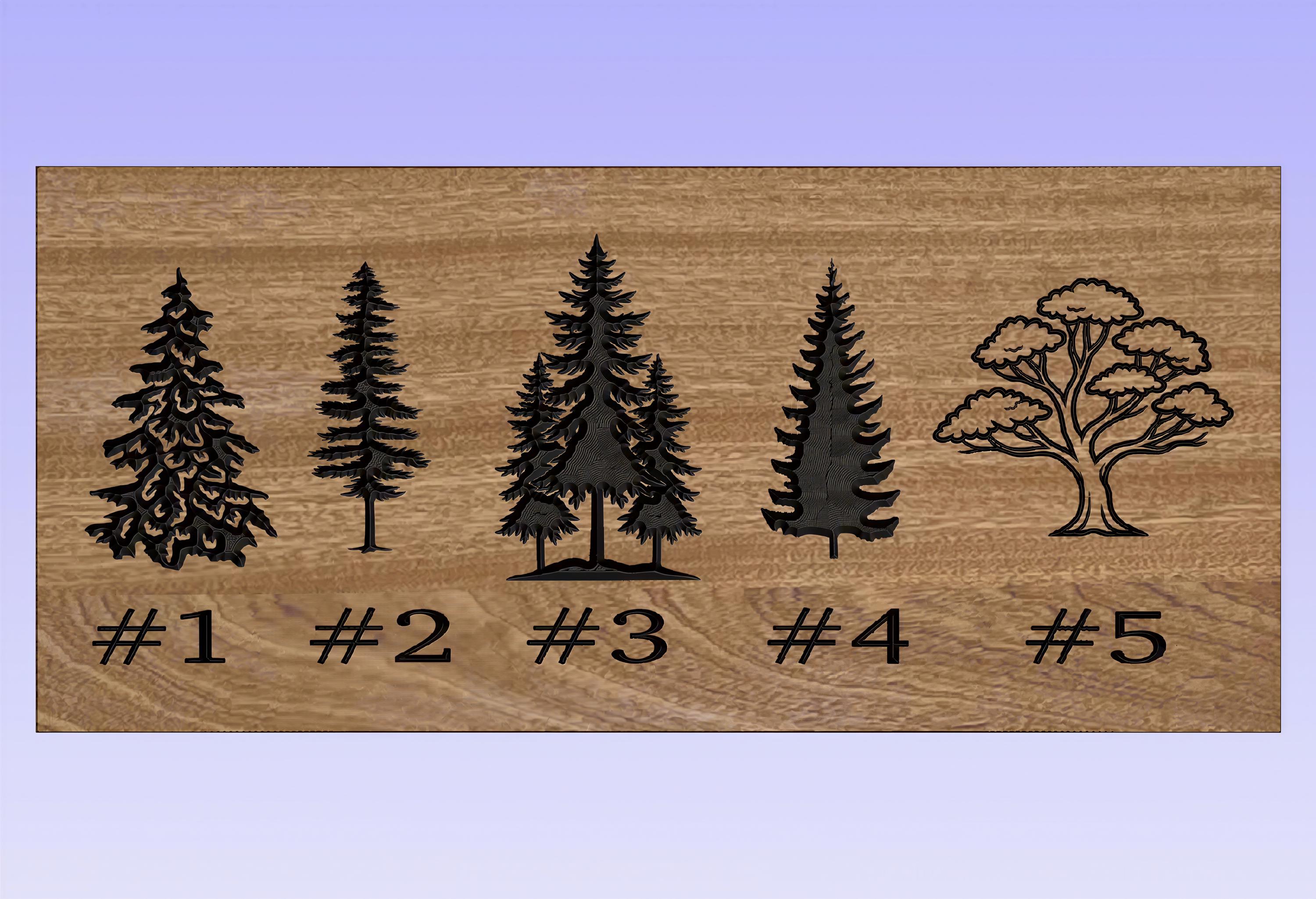 five different silhouettes of trees, each with varying shapes and sizes, arranged in a row on a wooden surface.
